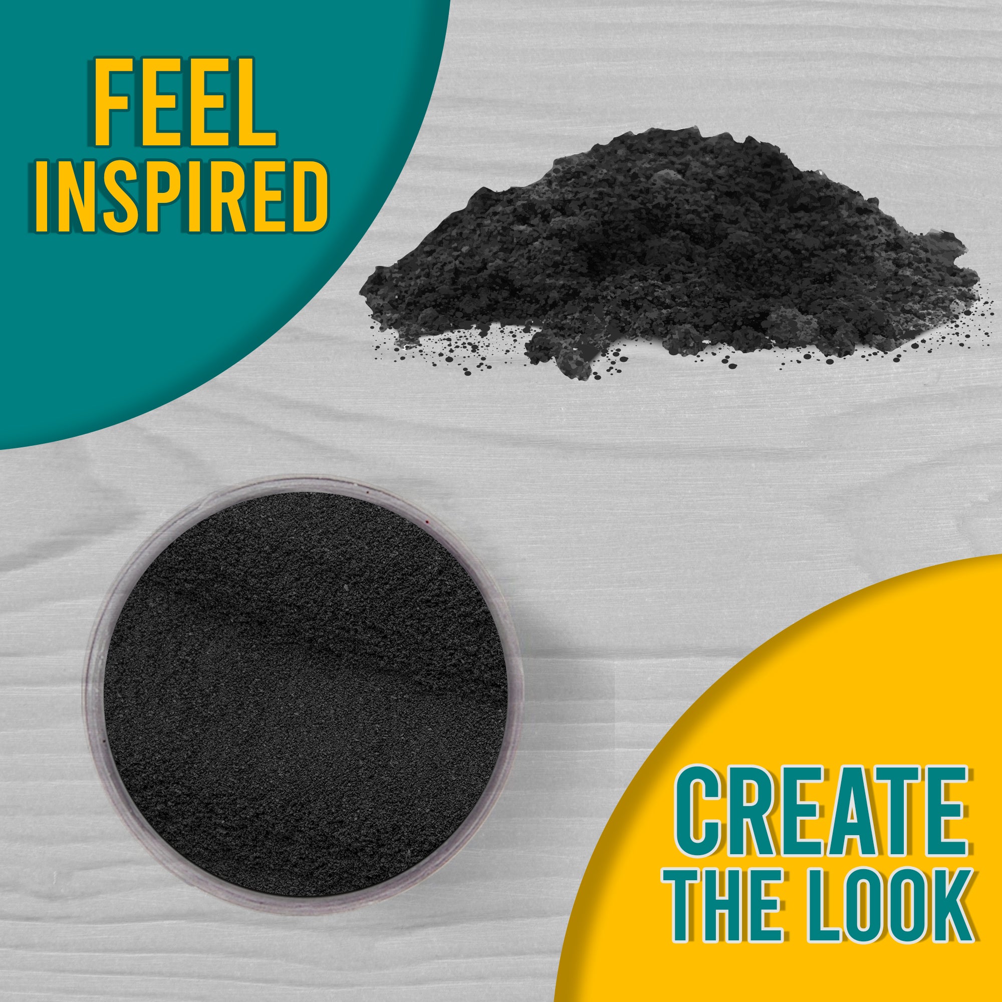 A 'Feel Inspired, Create the Look' graphic displaying Black embossing powder from a top view, both in its jar and sprinkled on a surface.