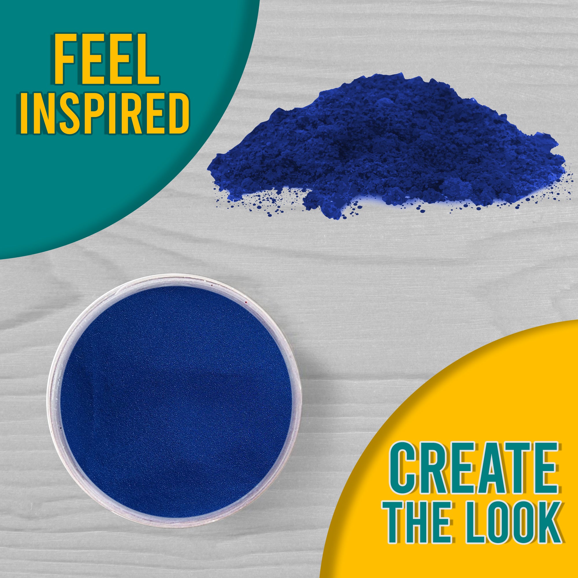 A 'Feel Inspired, Create the Look' graphic with a top view of Blue Cobalt embossing powder, both in the jar and as a small pile on a light wood surface.