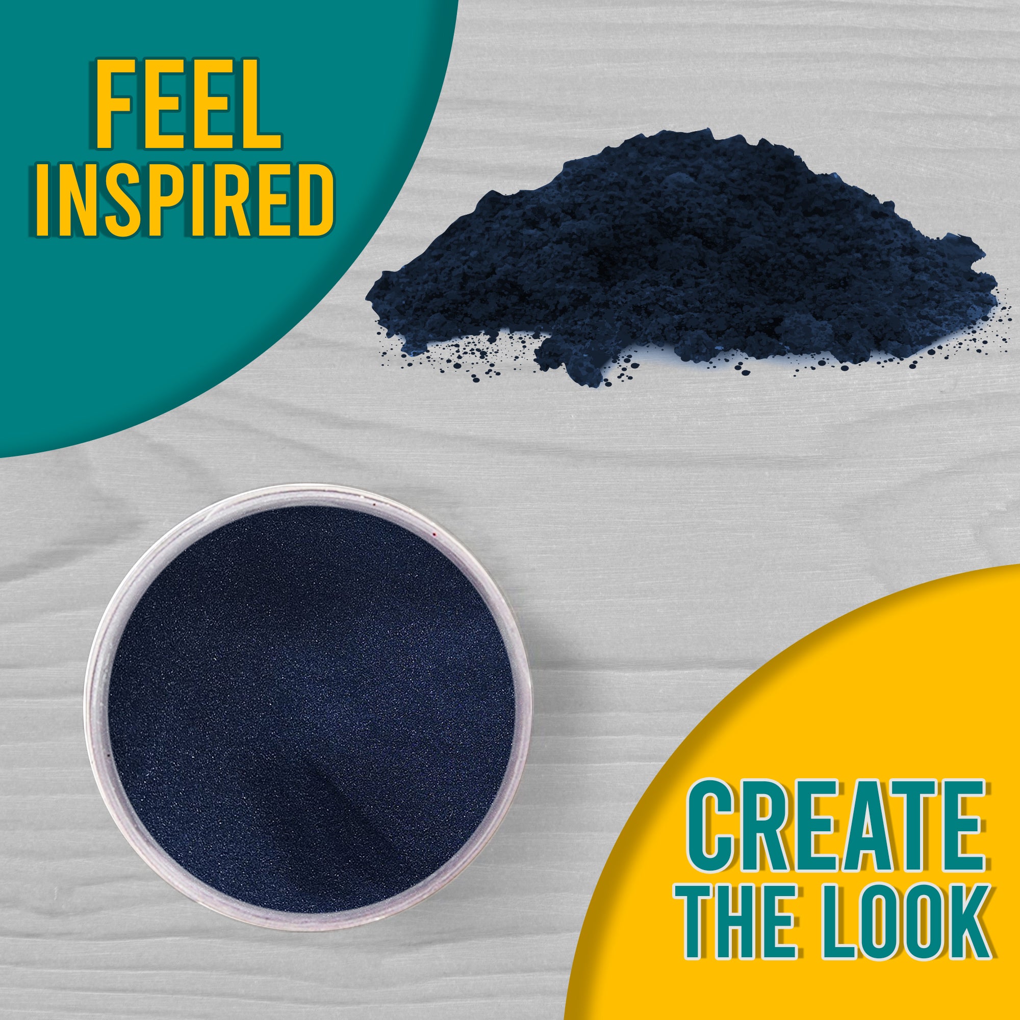 A 'Feel Inspired, Create the Look' graphic displaying Blue Midnight embossing powder from a top view, both in its jar and sprinkled on a wooden surface.
