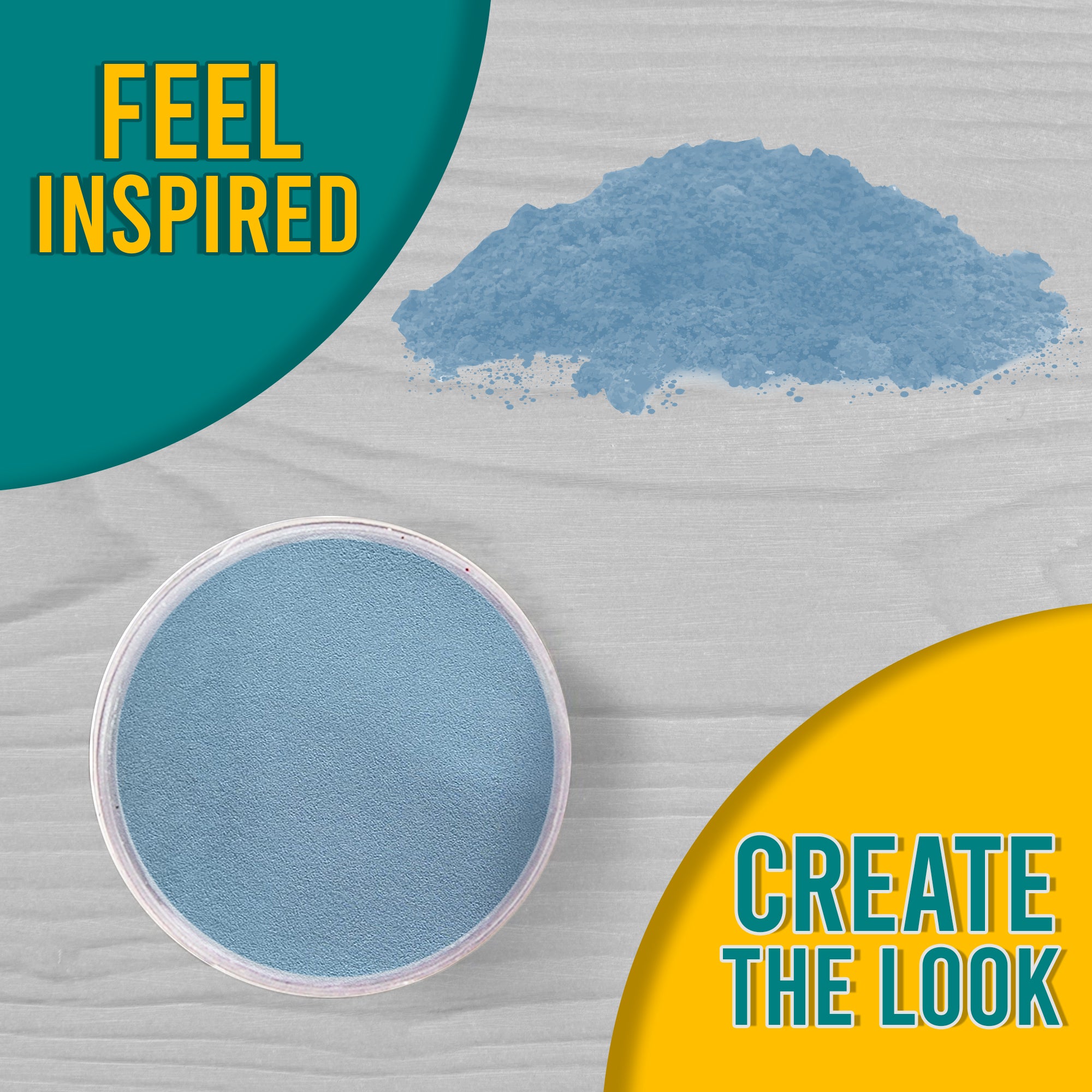 A 'Feel Inspired, Create the Look' graphic with a top view of Blue Pastel embossing powder, both in the jar and a small pile on a wooden surface.