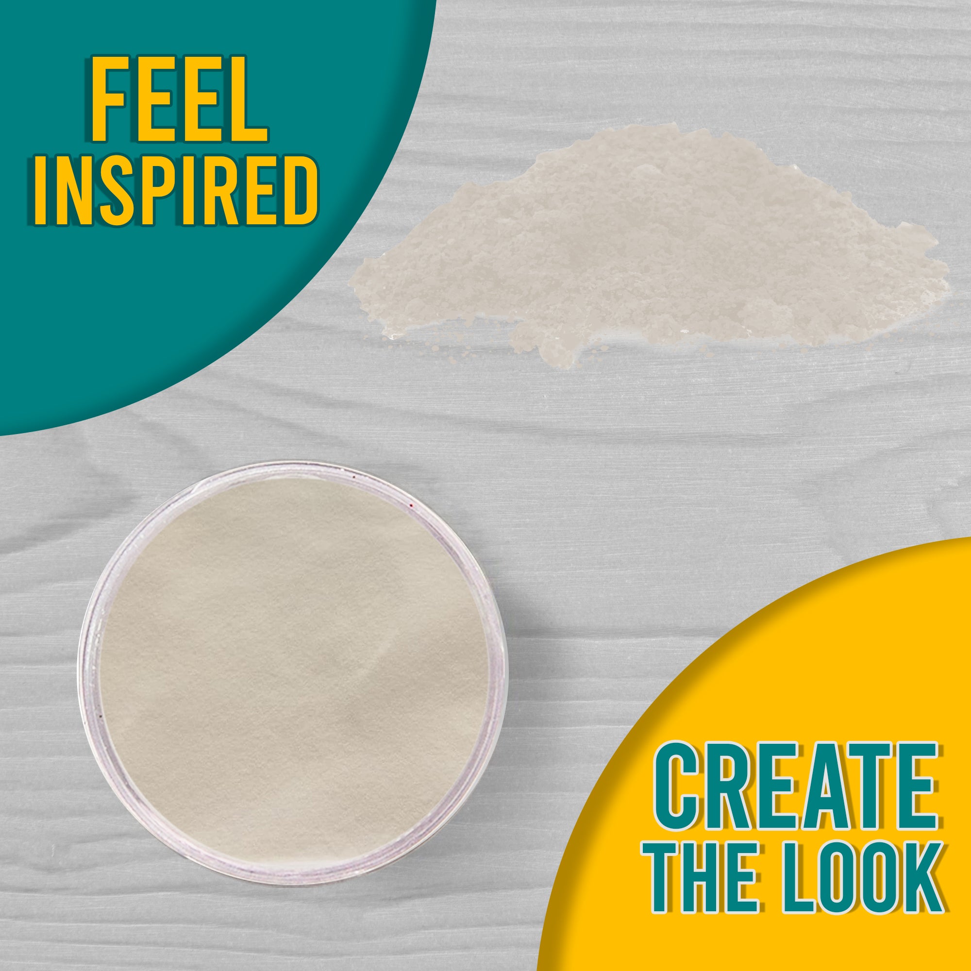 A 'Feel Inspired, Create the Look' graphic displaying Clear embossing powder from a top view, both in its jar and sprinkled on a surface.