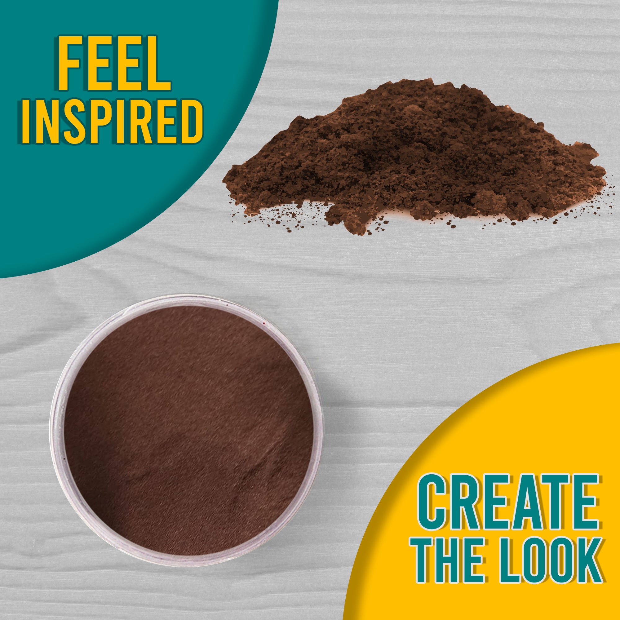 A 'Feel Inspired, Create the Look' graphic with a top view of Copper embossing powder, both in the jar and a small pile on a wooden surface.