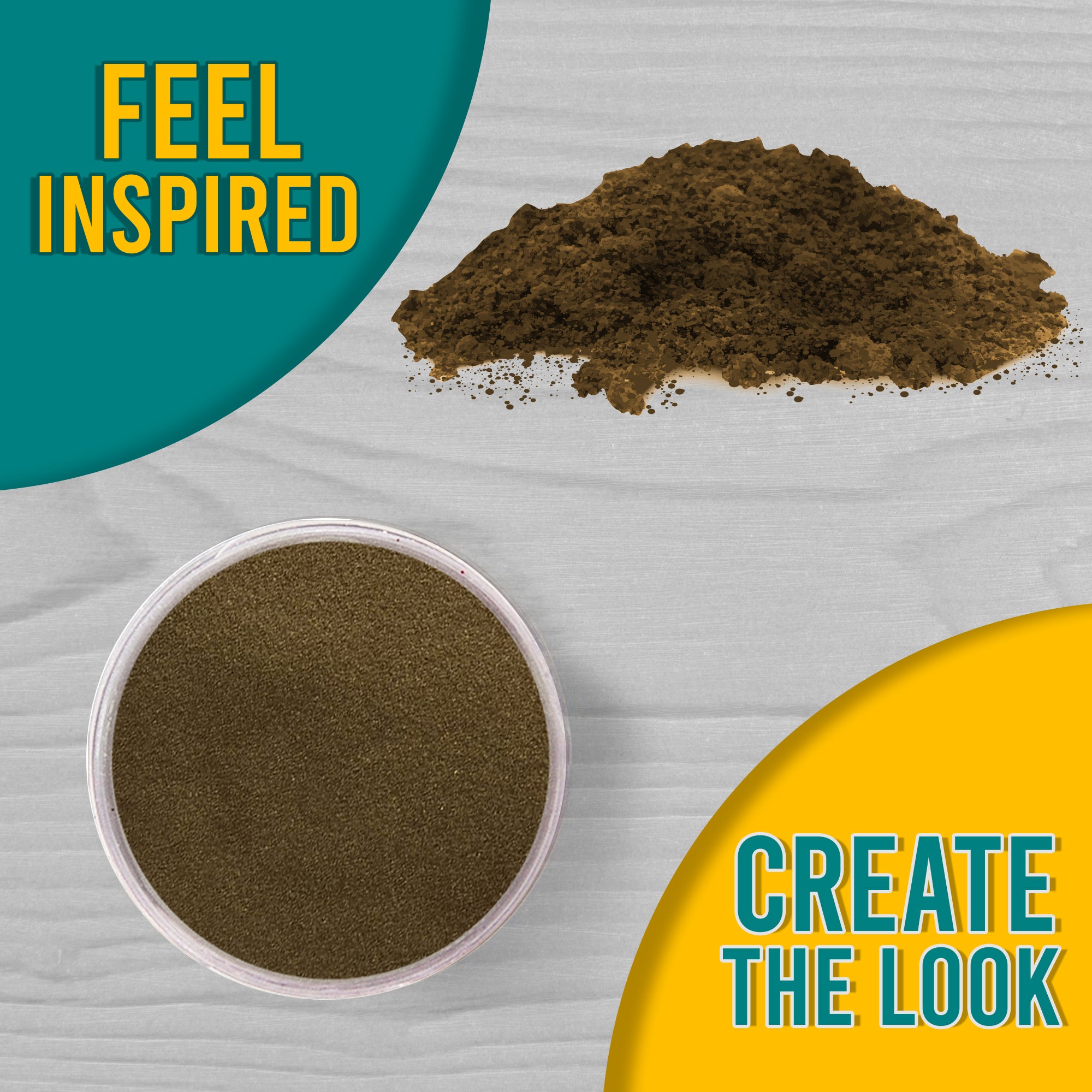 A 'Feel Inspired, Create the Look' graphic displaying Gold embossing powder from a top view, both in its jar and sprinkled on a wooden surface.
