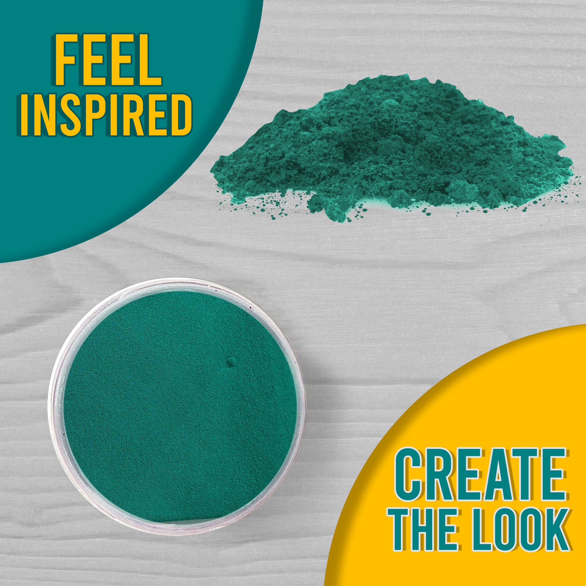 A 'Feel Inspired, Create the Look' graphic with a top view of Green embossing powder, both in the jar and a small pile on a light wooden surface.