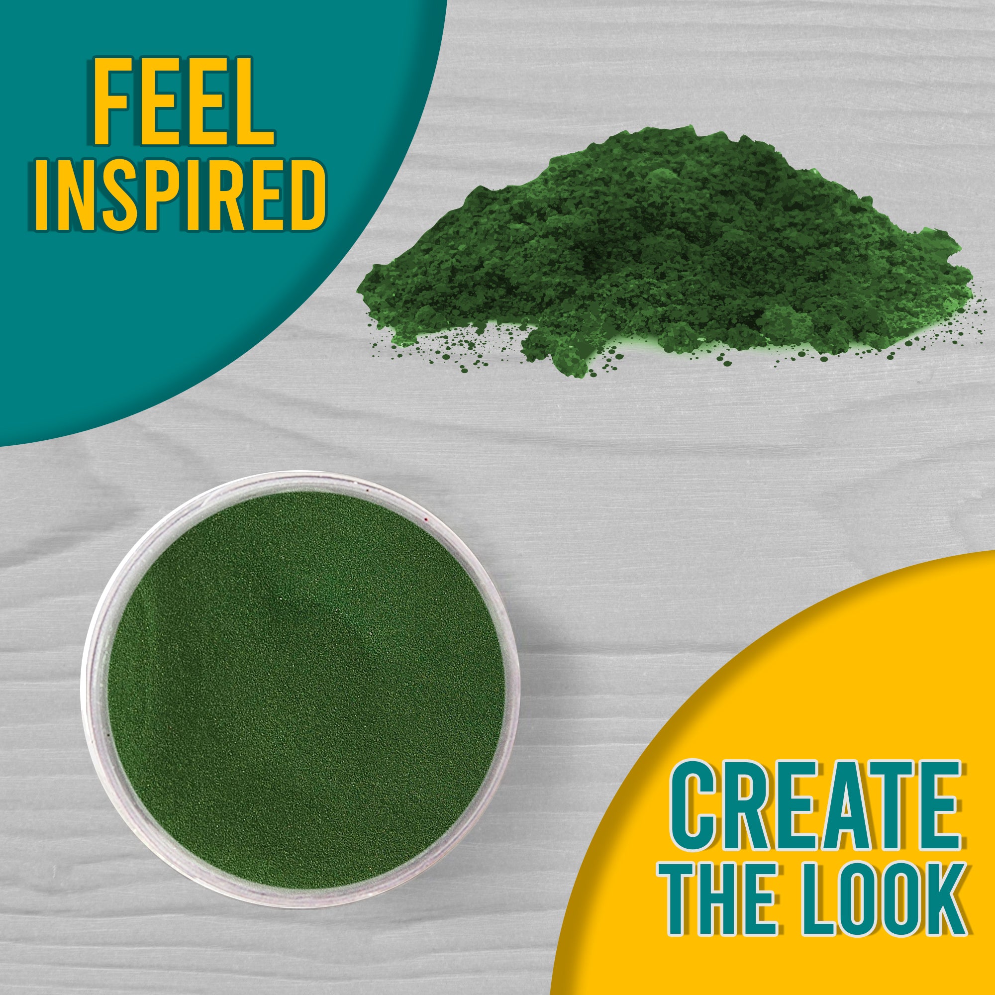 A 'Feel Inspired, Create the Look' graphic displaying Green Olive embossing powder from a top view, both in its jar and sprinkled on a surface.