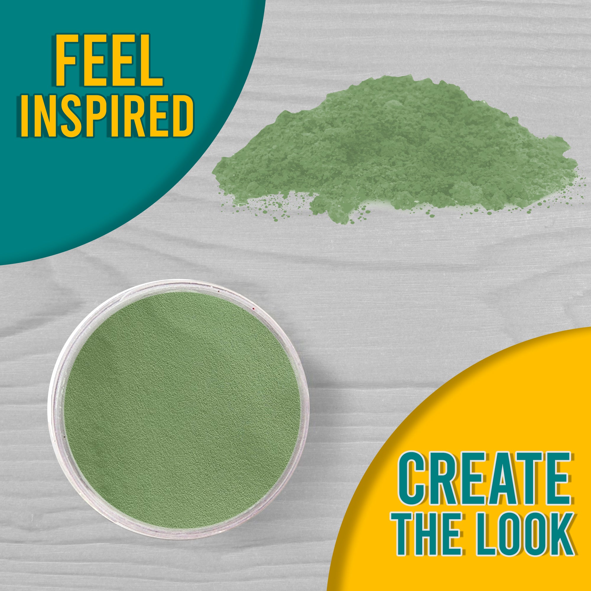 A 'Feel Inspired, Create the Look' graphic displaying Green Pastel embossing powder from a top view, both in its jar and as a small pile on a wooden surface.