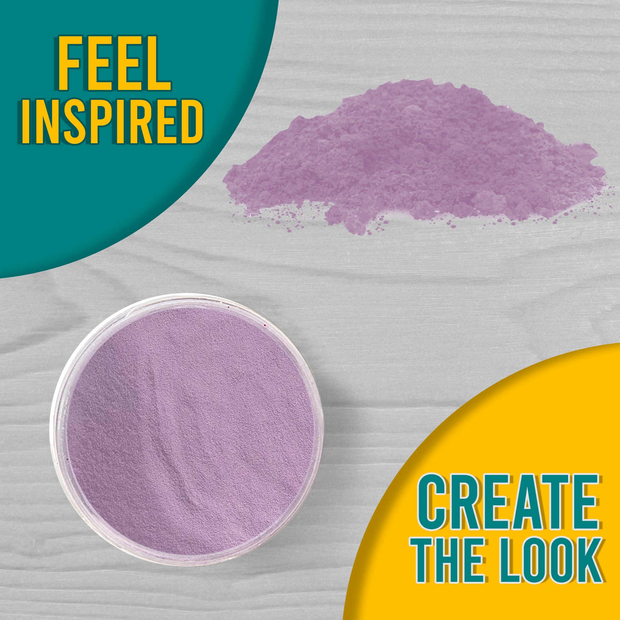 A 'Feel Inspired, Create the Look' graphic displaying Lilac embossing powder from a top view, both in its jar and sprinkled on a surface.