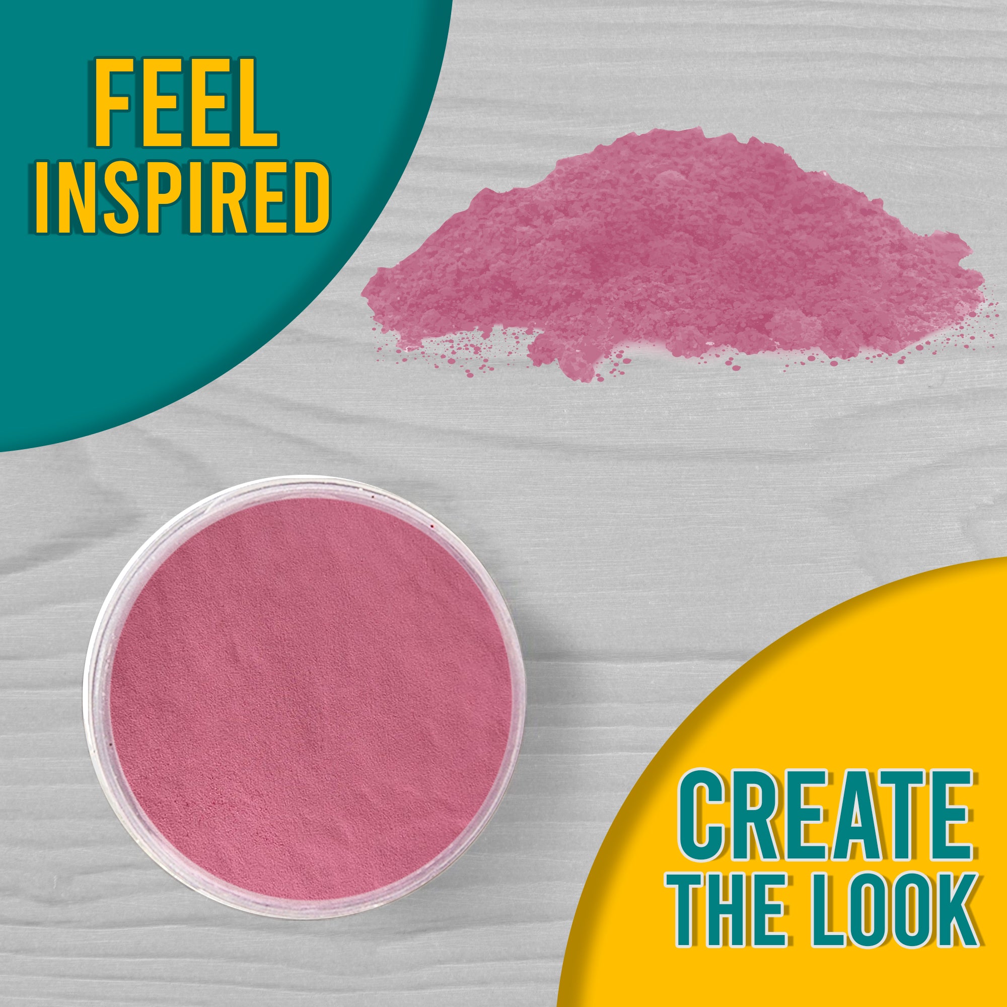 A 'Feel Inspired, Create the Look' graphic featuring Pink embossing powder from a top view, both in the jar and a small pile on a wooden surface.