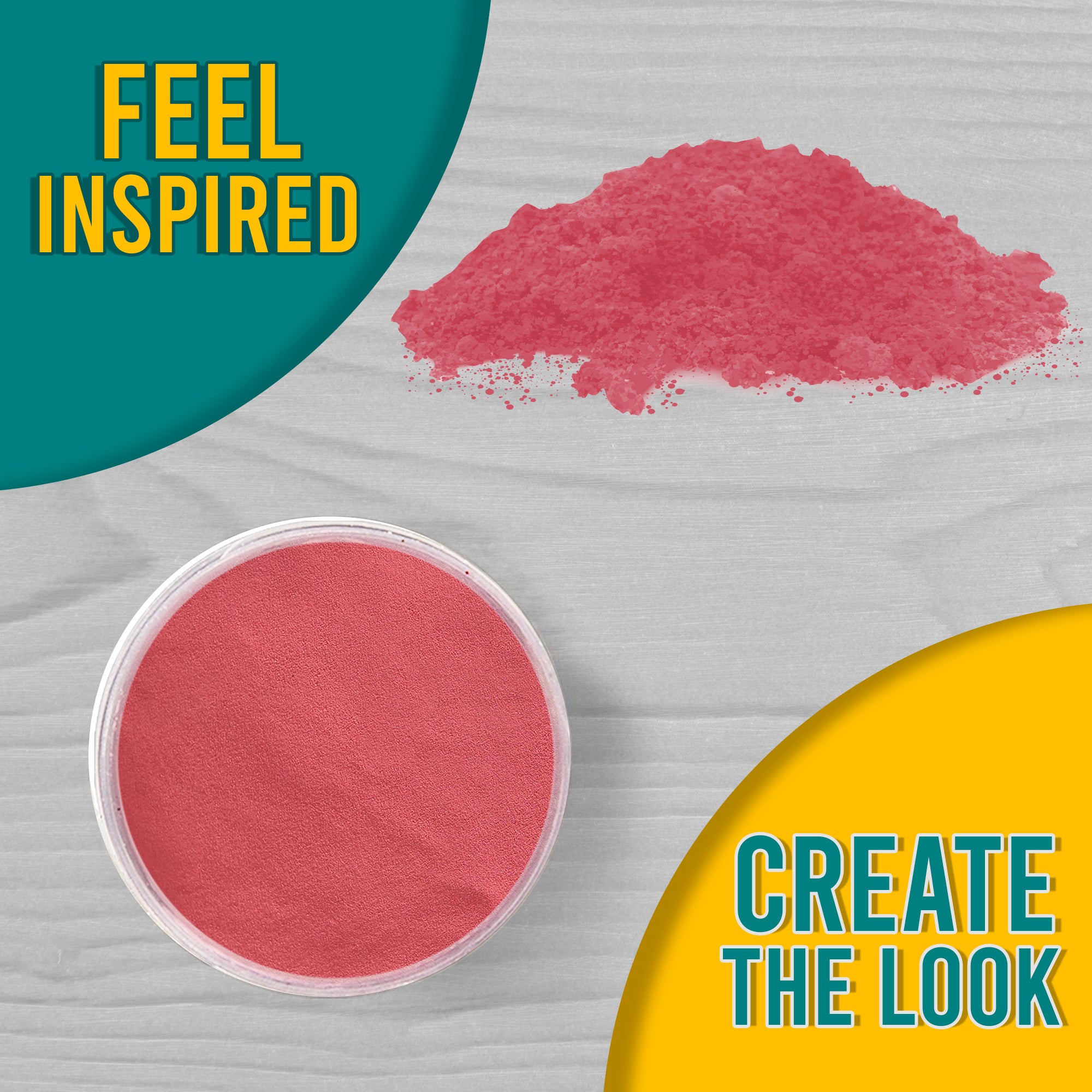 A 'Feel Inspired, Create the Look' graphic displaying Pink Flamingo embossing powder from a top view, both in its jar and sprinkled on a wooden surface.