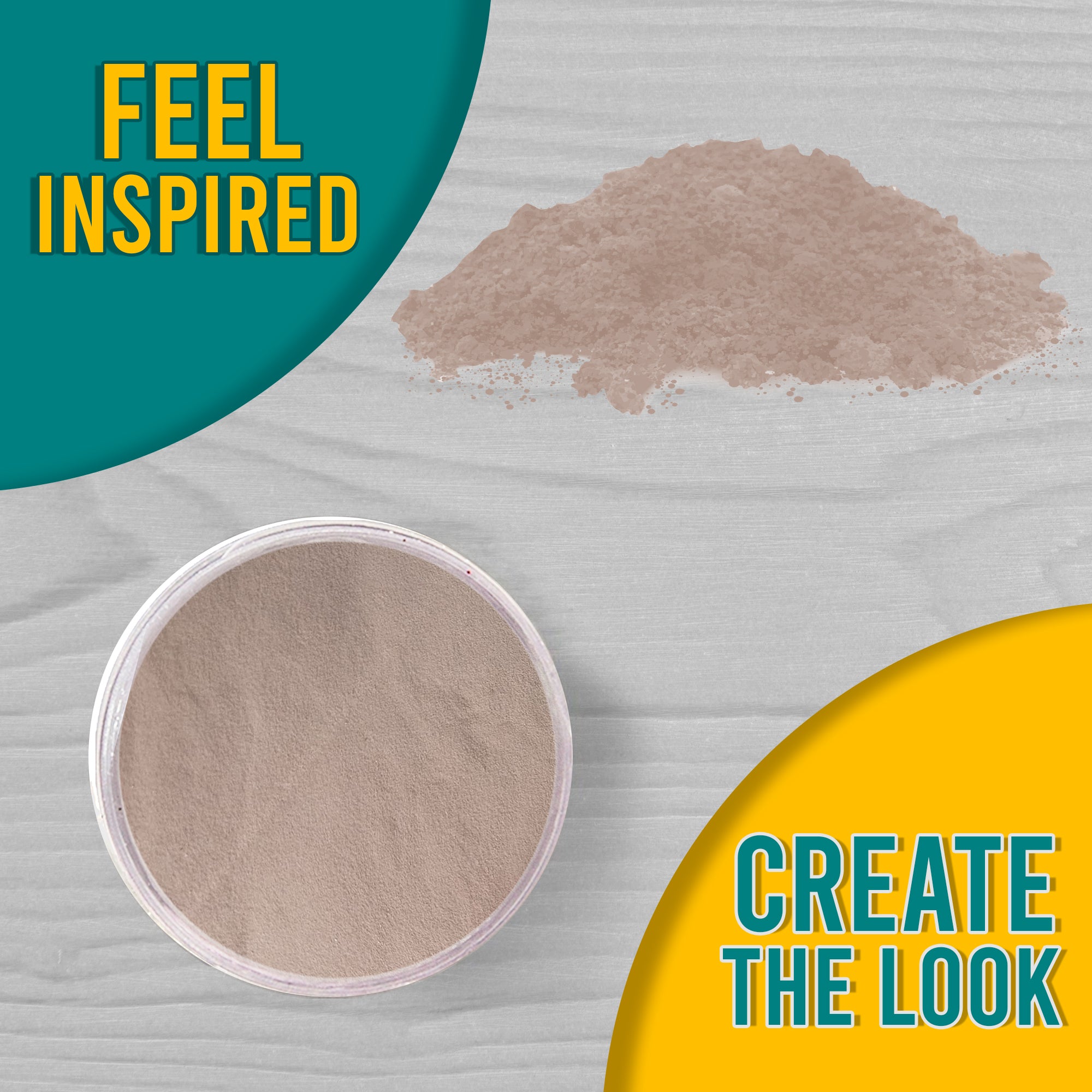 A 'Feel Inspired, Create the Look' graphic featuring Pink Pastel embossing powder from a top view, both in the jar and a small pile on a wooden surface.