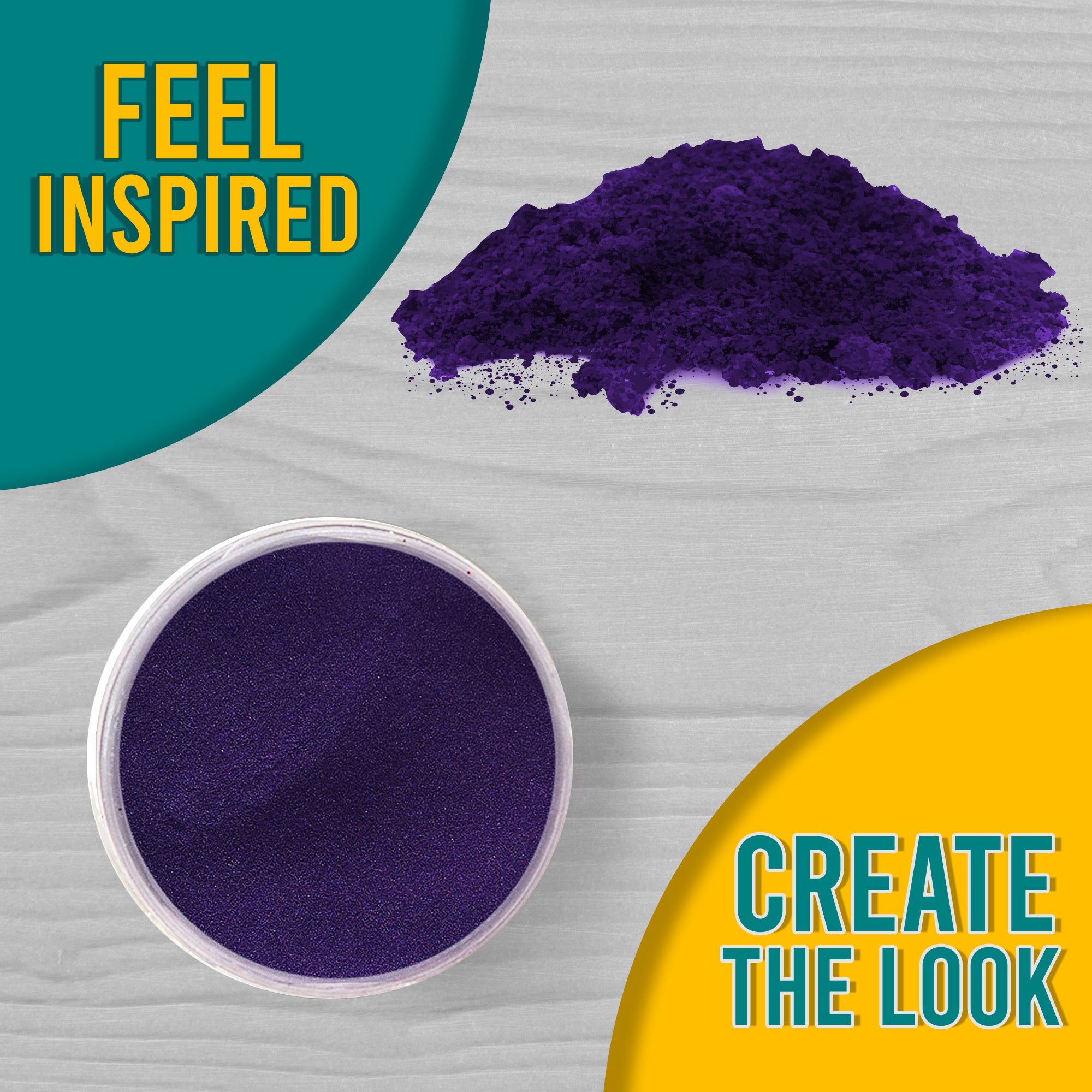 A 'Feel Inspired, Create the Look' graphic displaying Purple Violet embossing powder from a top view, both in the jar and a small pile on a wooden surface.