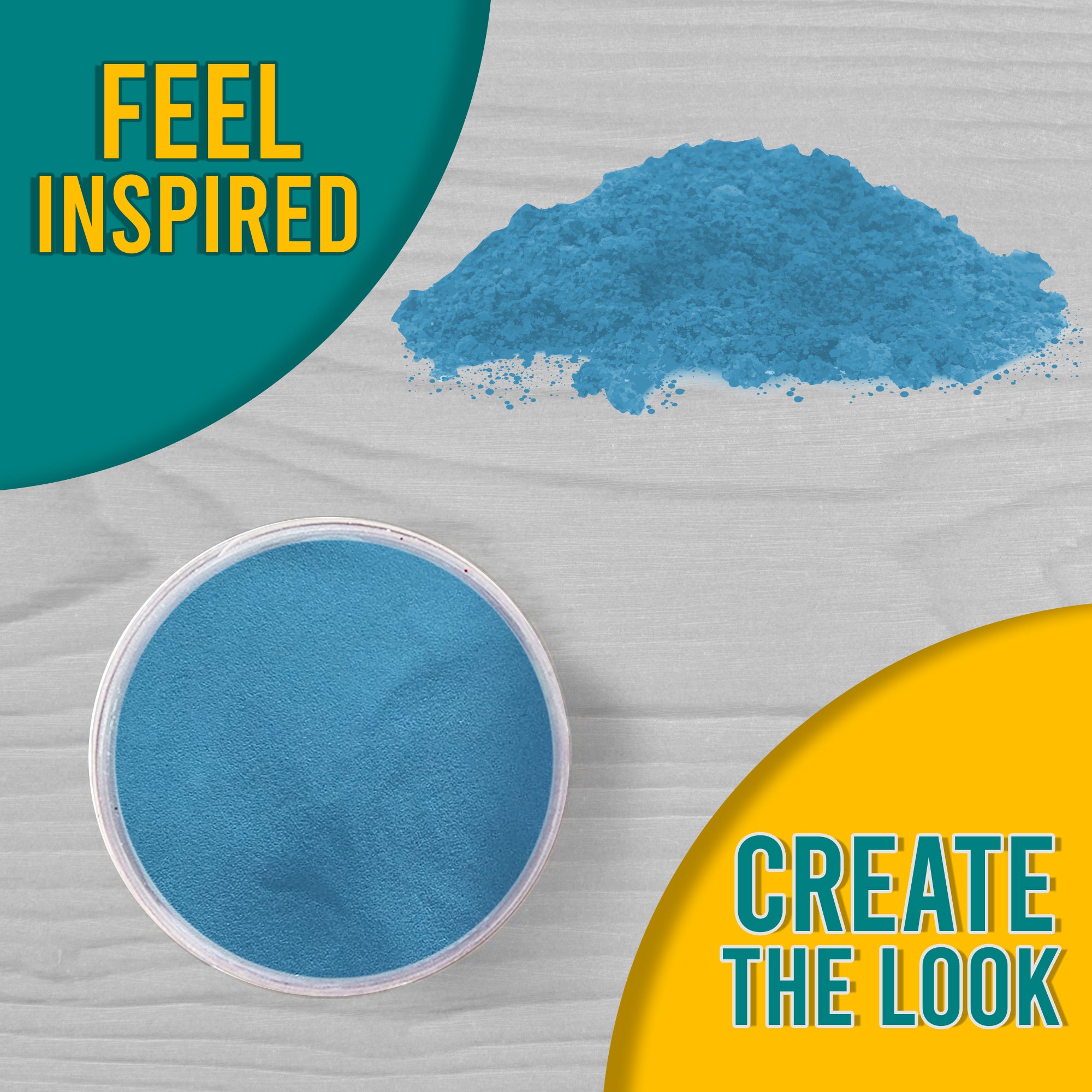 A 'Feel Inspired, Create the Look' graphic displaying Sky Blue embossing powder from a top view, both in its jar and sprinkled on a surface.