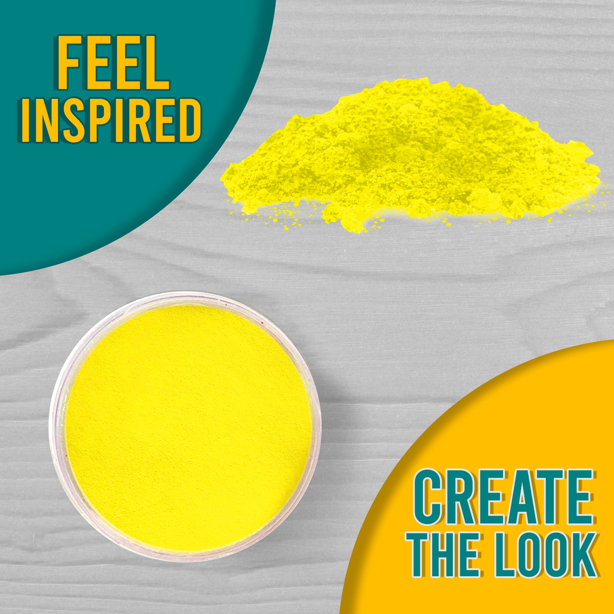 A 'Feel Inspired, Create the Look' graphic displaying Yellow embossing powder from a top view, both in its jar and sprinkled on a surface.