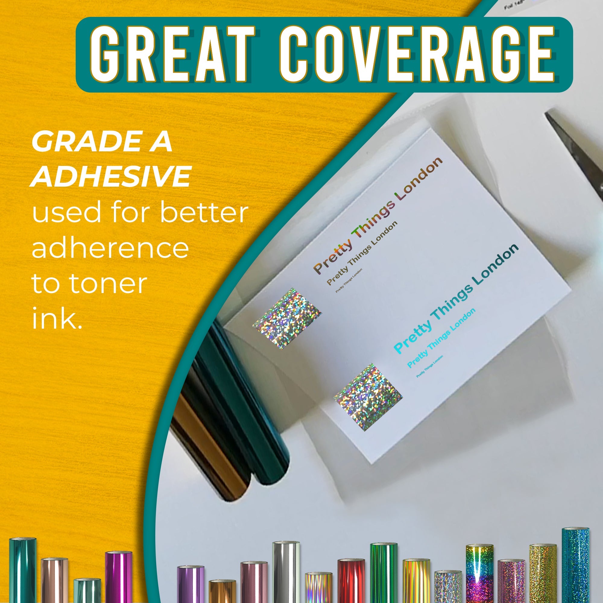 Pretty Things London toner foil rolls with Grade A adhesive text overlay, showing strong coverage and adhesion on printed labels for high-quality foiling results.