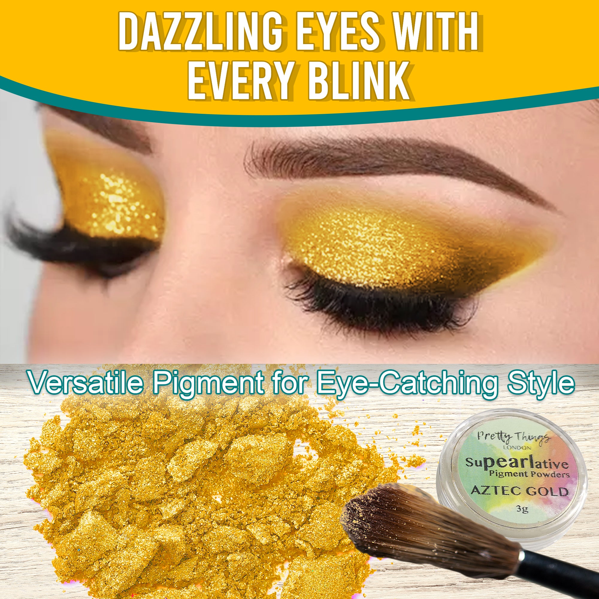 Model with dazzling Aztec Gold eyeshadow, demonstrating the pigment's eye-catching style. Below, a brush and a container of Aztec Gold pigment powder highlight its versatile use.