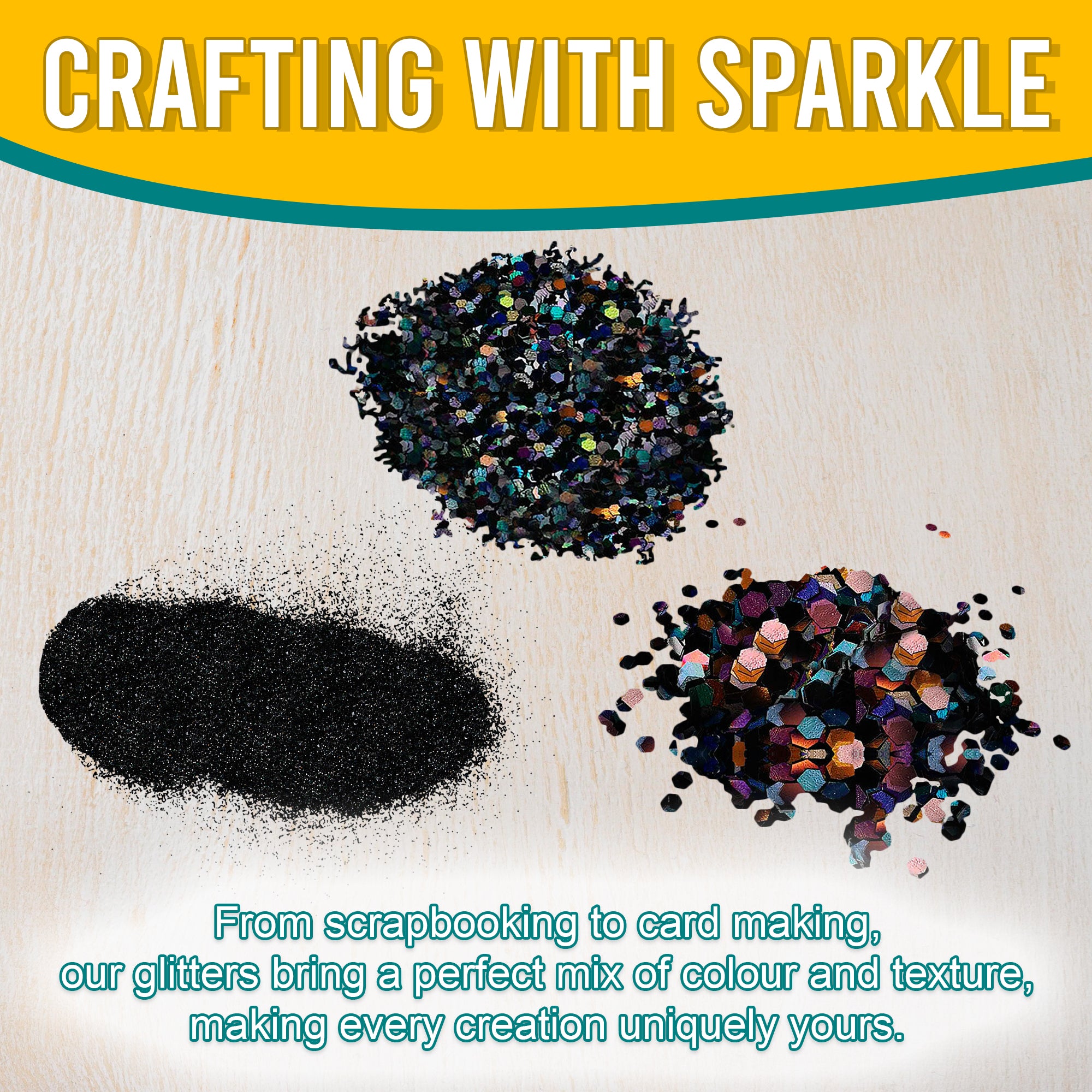 3.	Fine, Regular, and Chunky Black Holographic Glitters for Scrapbooking, Card Making, and Decorating