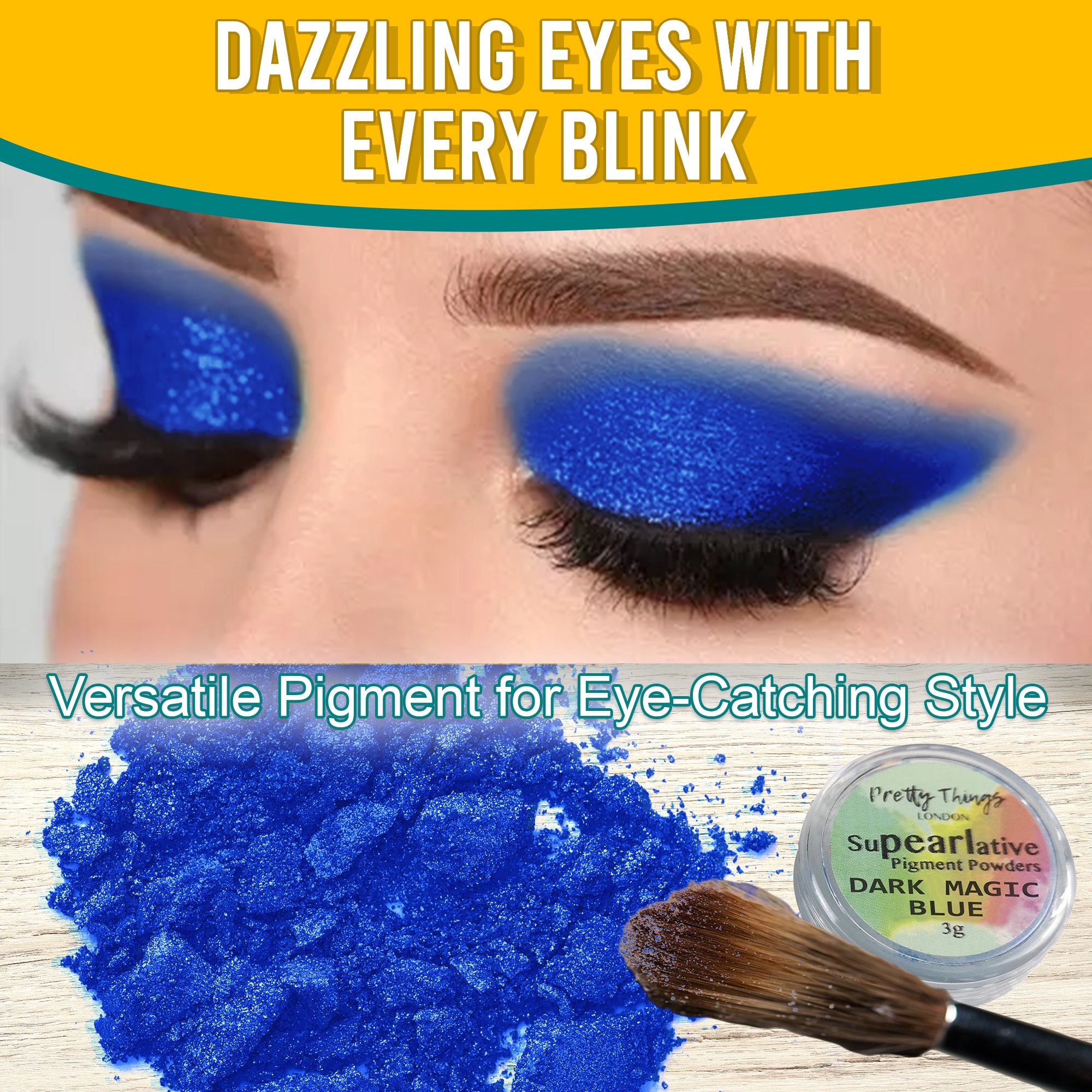 Model with dazzling Dark Magic Blue eyeshadow, demonstrating the pigment's eye-catching style. Below, a brush and a container of Dark Magic Blue pigment powder highlight its versatile use.