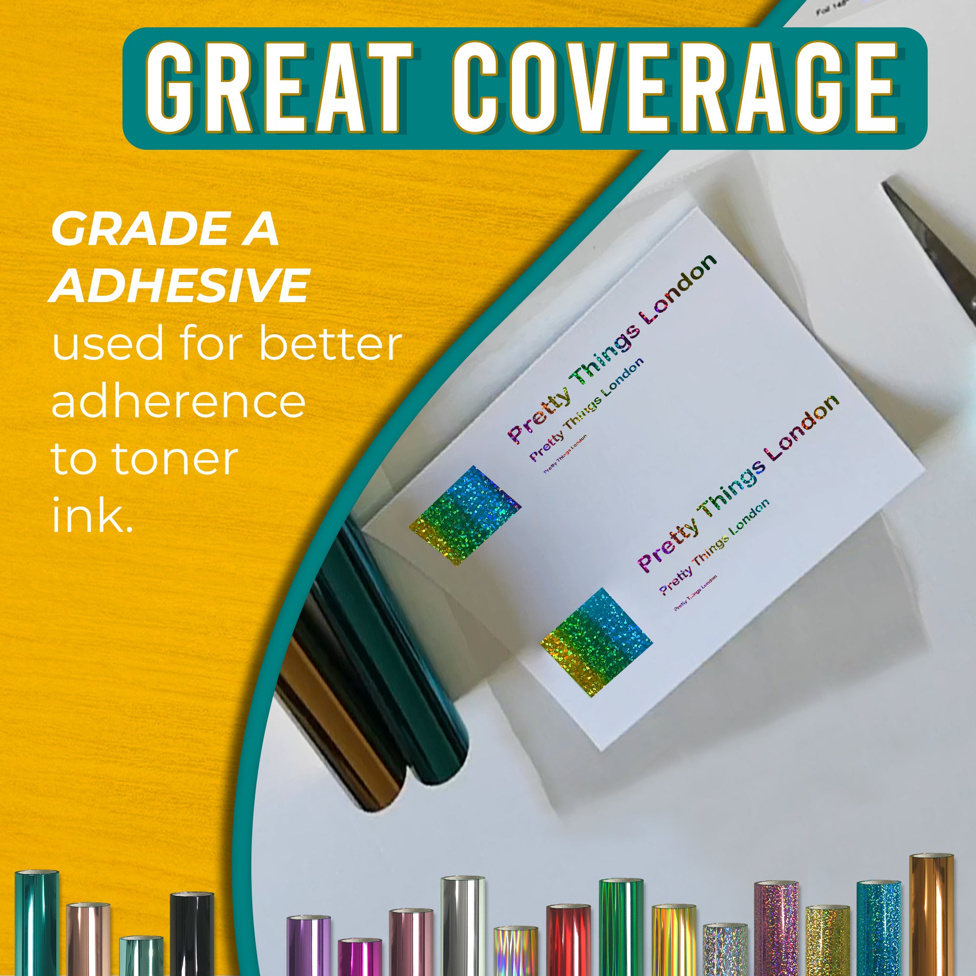 Grade-A adhesive rainbow glitter toner foil - crisp, even coverage on cards; strong transfer to toner ink.