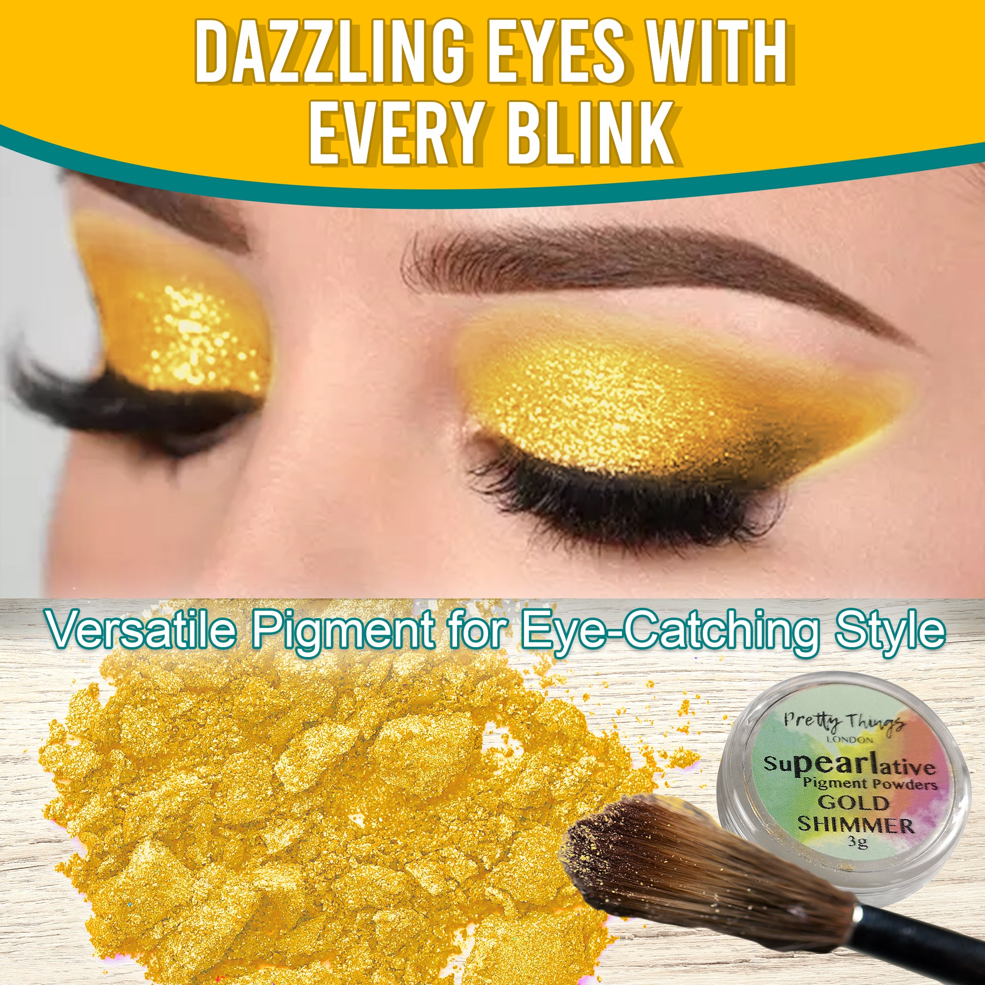 Model with dazzling Gold Shimmer eyeshadow, demonstrating the pigment's eye-catching style. Below, a brush and a container of Gold Shimmer pigment powder highlight its versatile use.