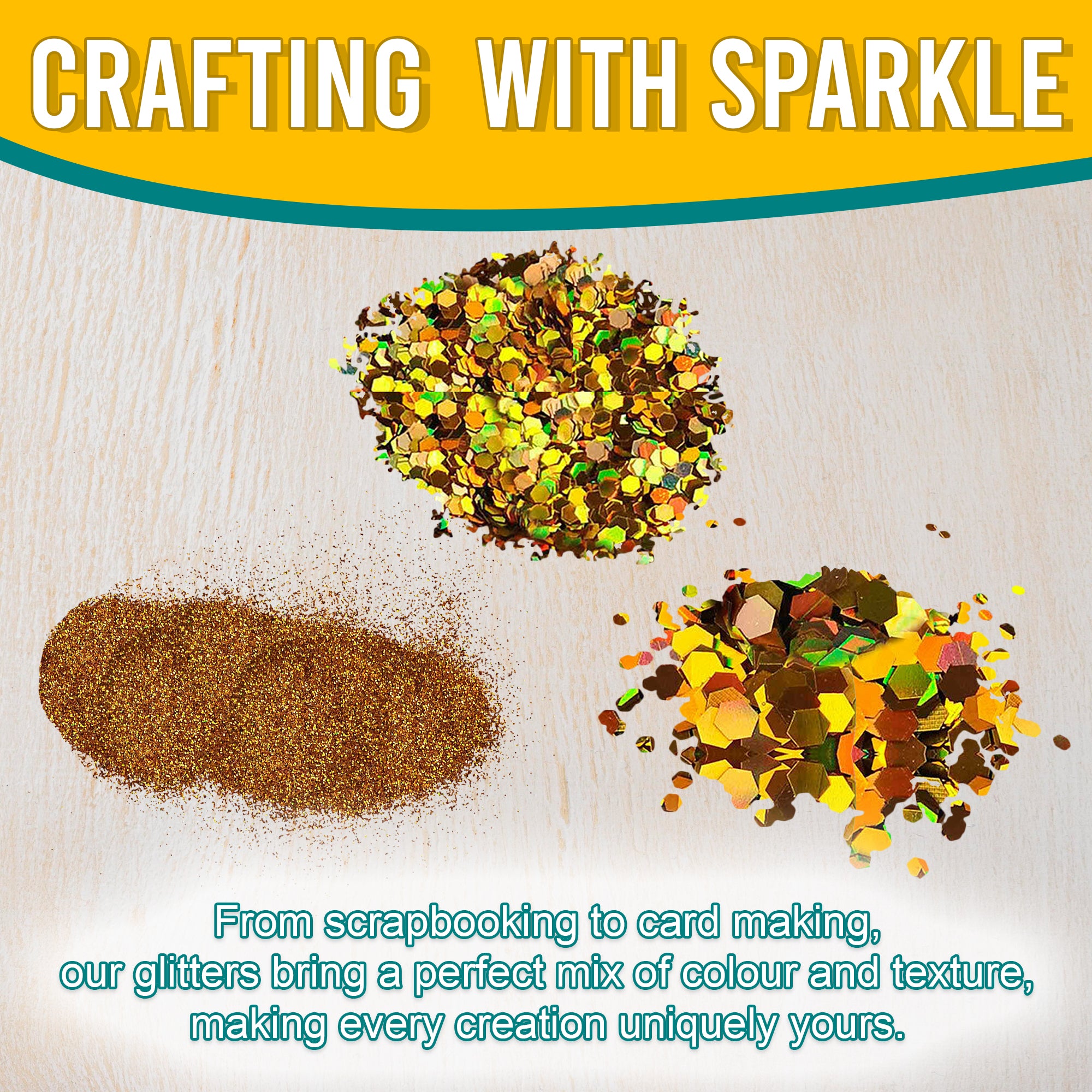 3.	Fine, Regular, and Chunky Gold Holographic Glitters for Scrapbooking, Card Making, and Decorating