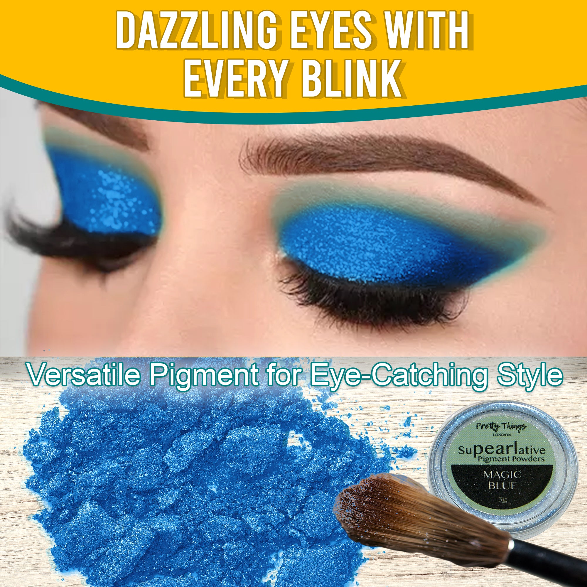 Model with dazzling Magic Blue eyeshadow, demonstrating the pigment's eye-catching style. Below, a brush and a container of Magic Blue pigment powder highlight its versatile use.