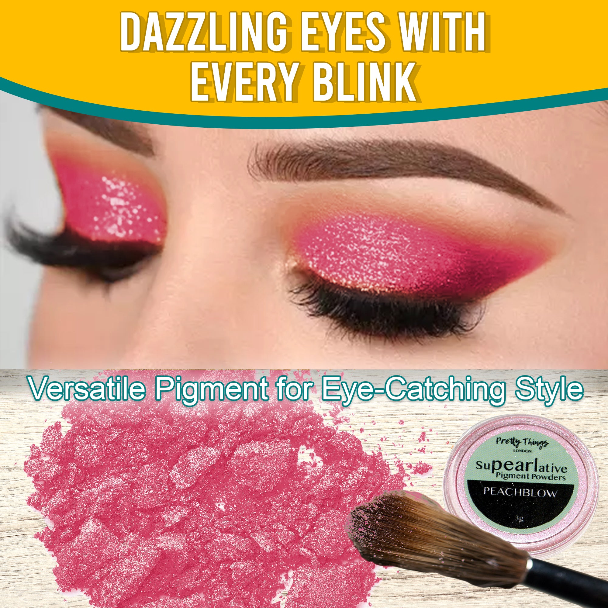 Model with dazzling Peachblow eyeshadow, demonstrating the pigment's eye-catching style. Below, a brush and a container of Peachblow pigment powder highlight its versatile use.