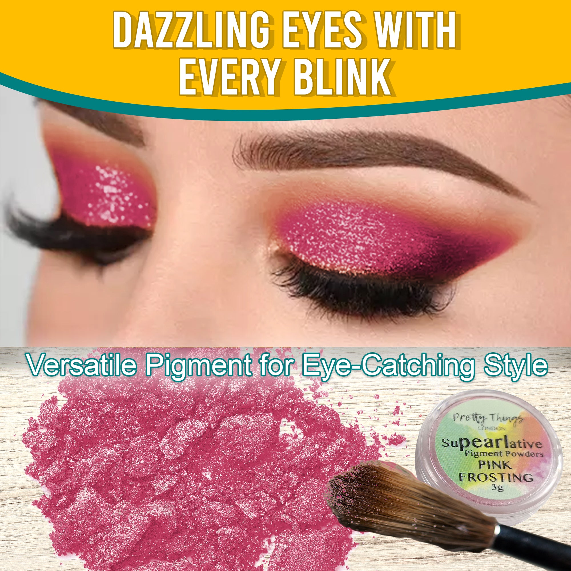 Model with dazzling Pink Frosting eyeshadow, demonstrating the pigment's eye-catching style. Below, a brush and a container of Pink Frosting pigment powder highlight its versatile use.