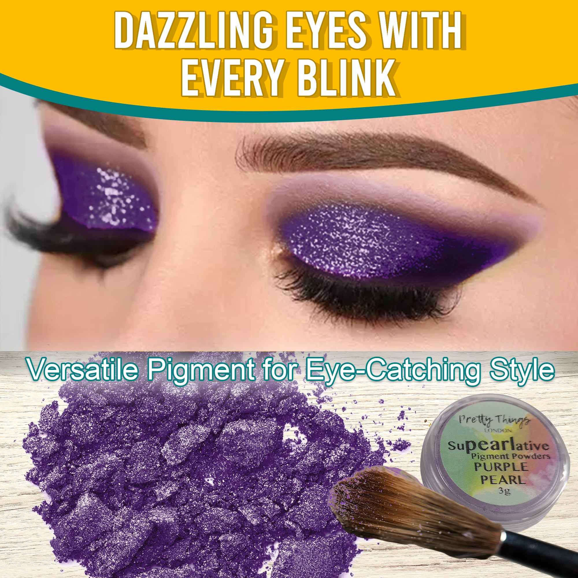 Model with dazzling Purple Pearl eyeshadow, demonstrating the pigment's eye-catching style. Below, a brush and a container of Purple Pearl pigment powder highlight its versatile use.