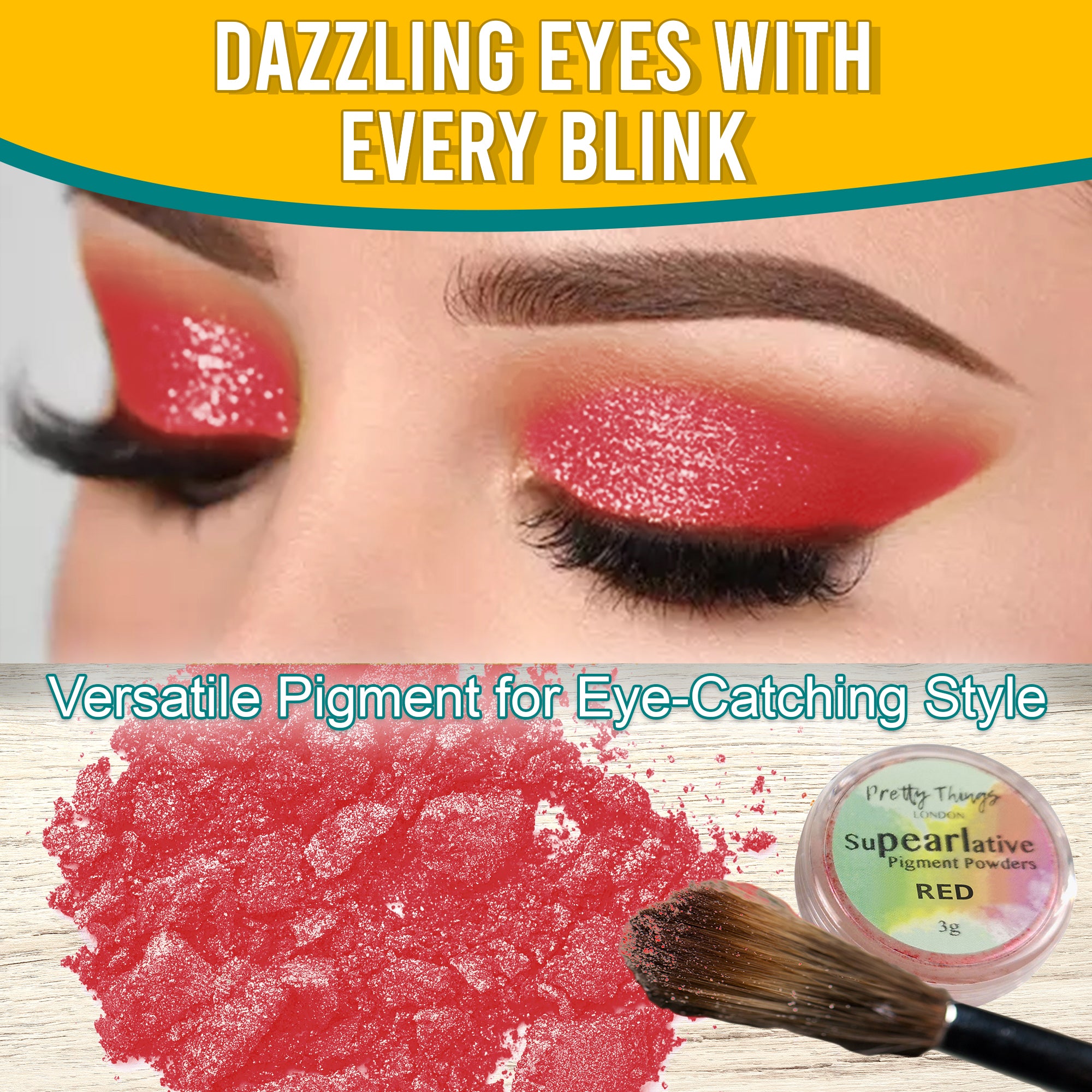 Model with dazzling Red eyeshadow, demonstrating the pigment's eye-catching style. Below, a brush and a container of Red pigment powder highlight its versatile use.