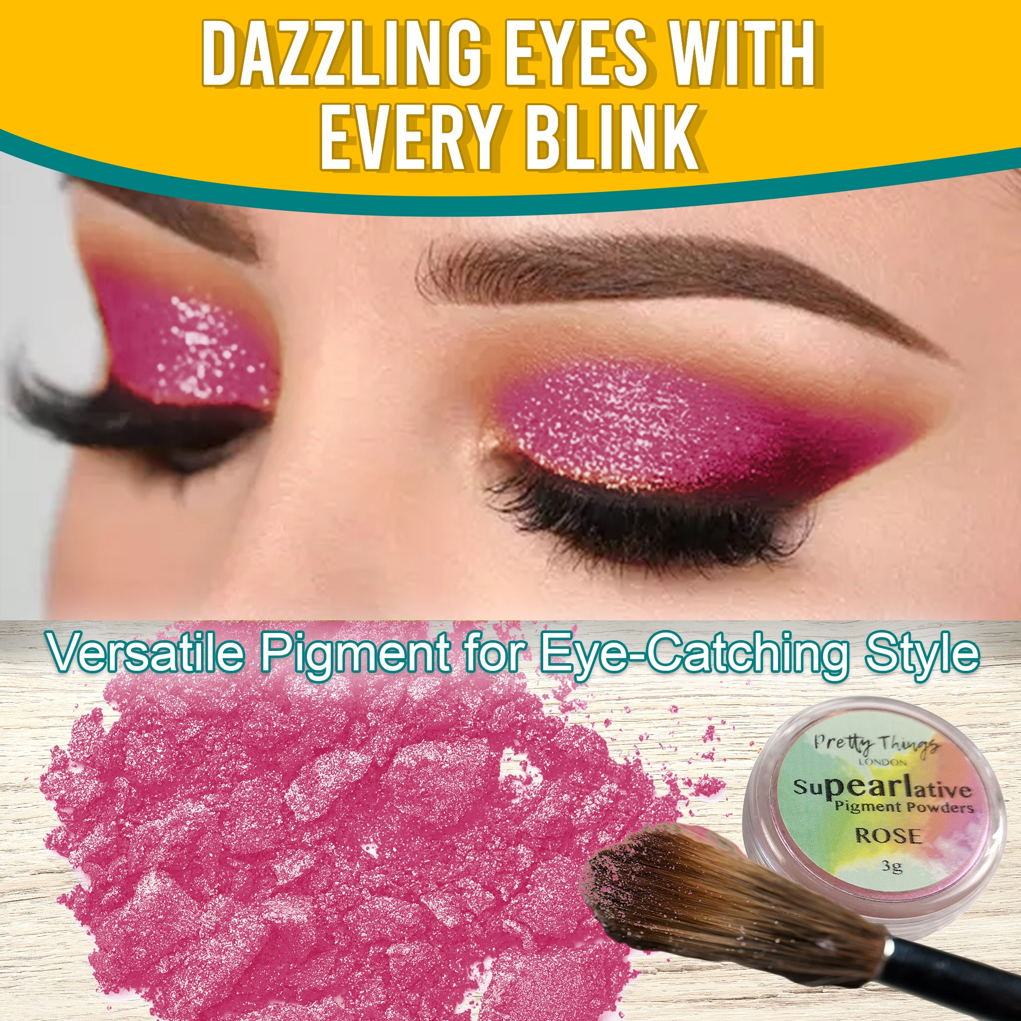 Model with dazzling Rose eyeshadow, demonstrating the pigment's eye-catching style. Below, a brush and a container of Rose pigment powder highlight its versatile use.