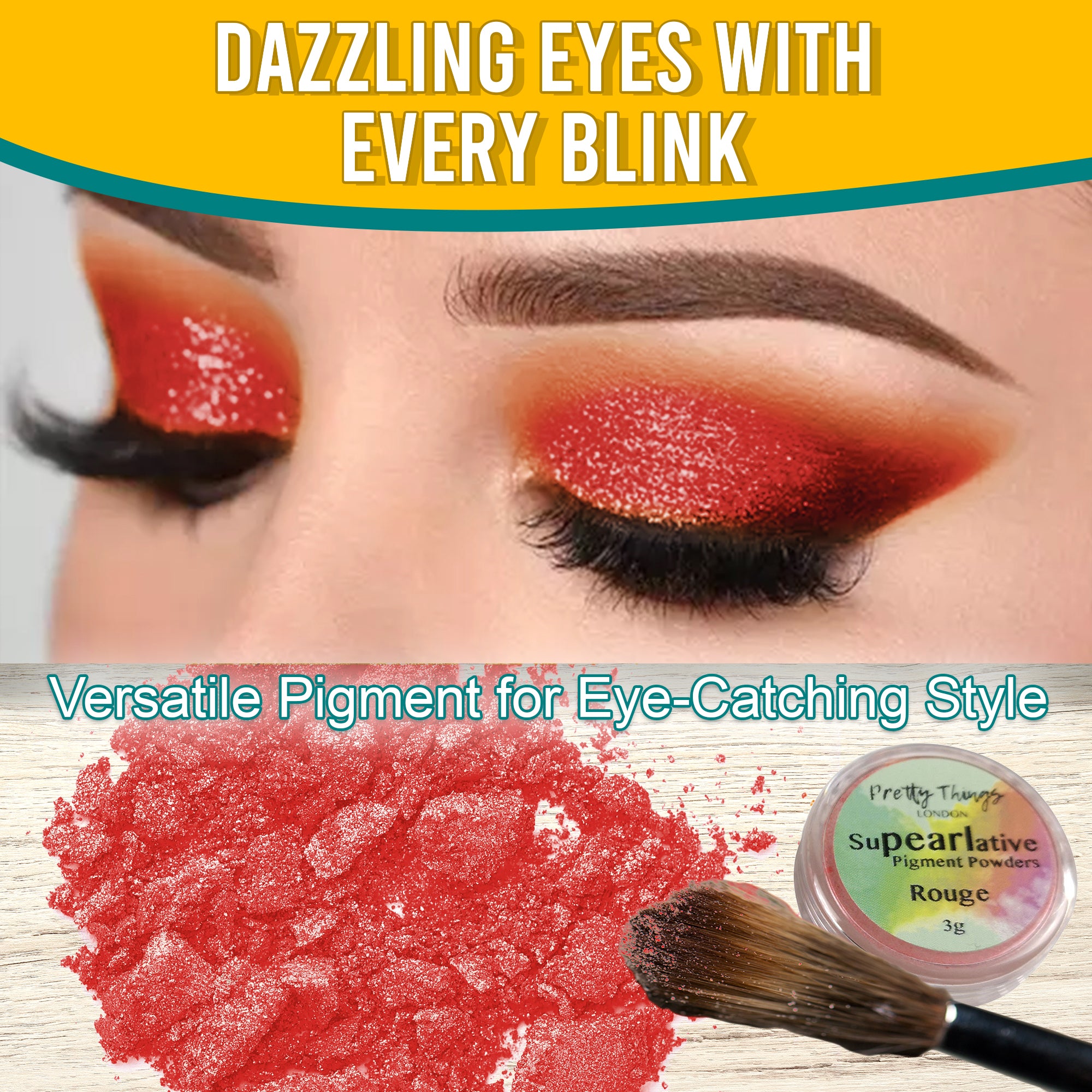 Model with dazzling Rouge eyeshadow, demonstrating the pigment's eye-catching style. Below, a brush and a container of Rouge pigment powder highlight its versatile use.