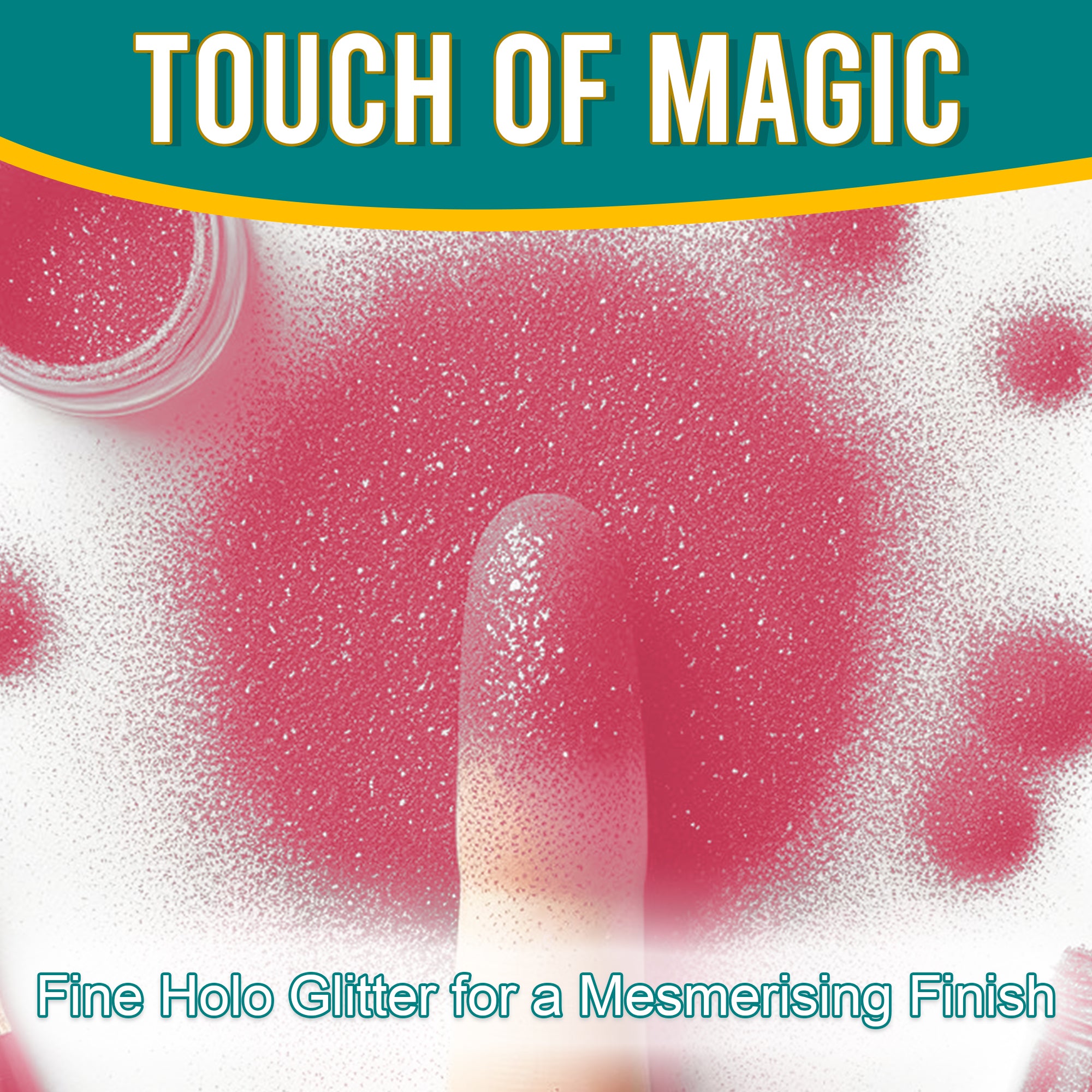 3.	Finger dipped in Fine Holographic Glitter in Rouge Pink for a mesmerizing finish