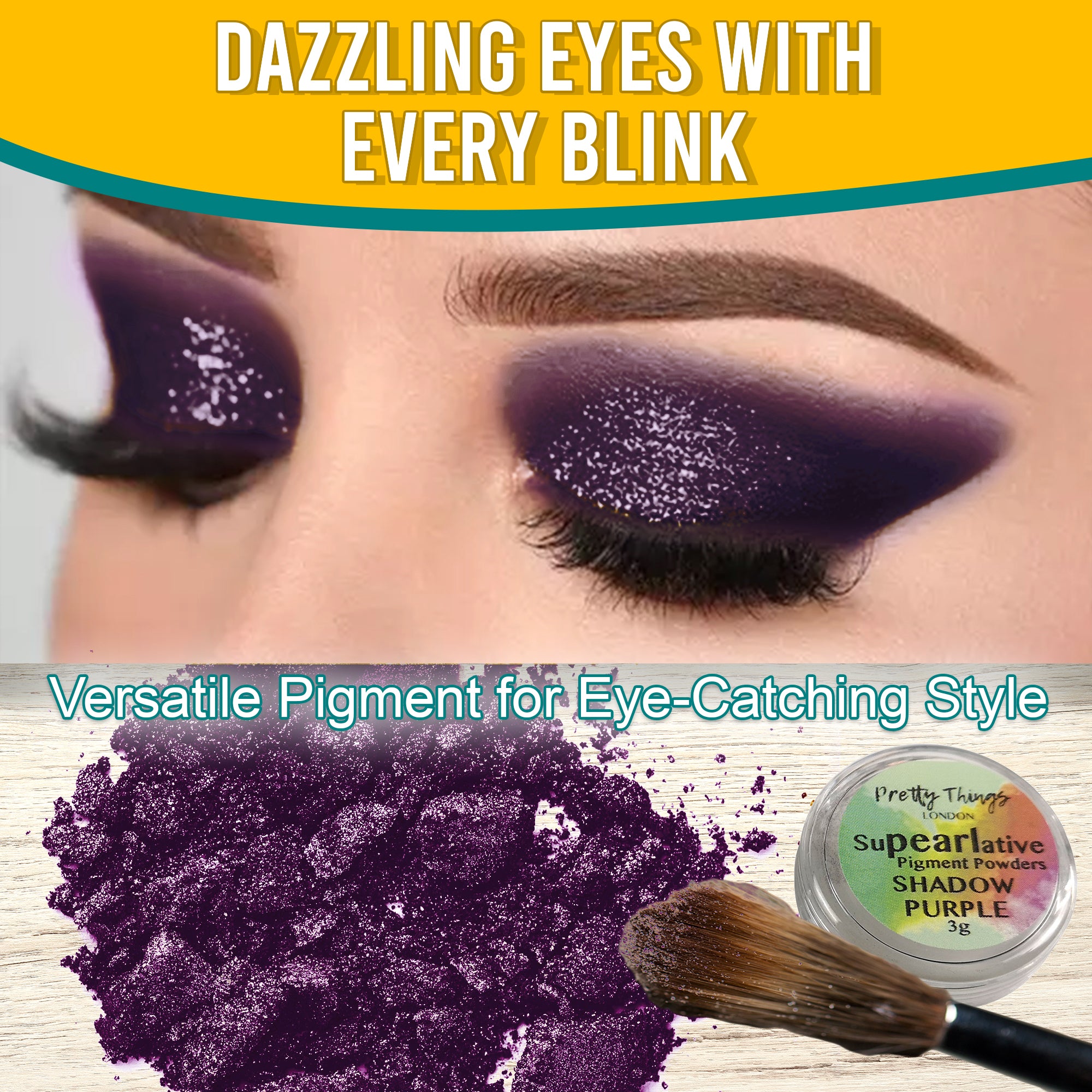 Model with dazzling Shadow Purple eyeshadow, demonstrating the pigment's eye-catching style. Below, a brush and a container of Shadow Purple pigment powder highlight its versatile use.