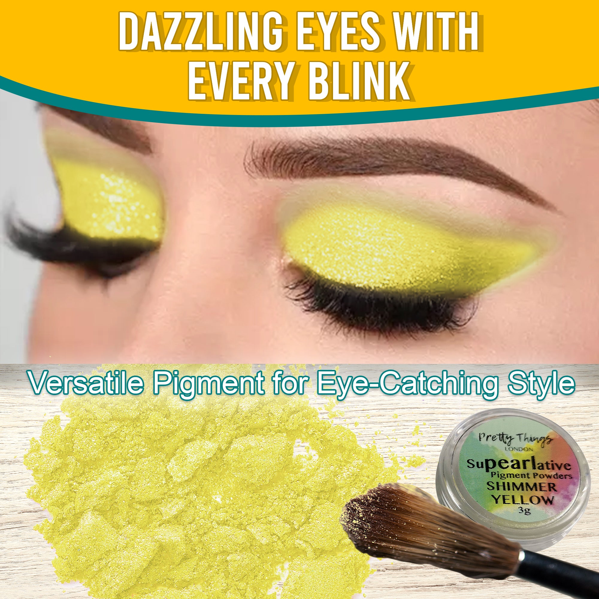 Model with dazzling Shimmer Yellow eyeshadow, demonstrating the pigment's eye-catching style. Below, a brush and a container of Shimmer Yellow pigment powder highlight its versatile use.