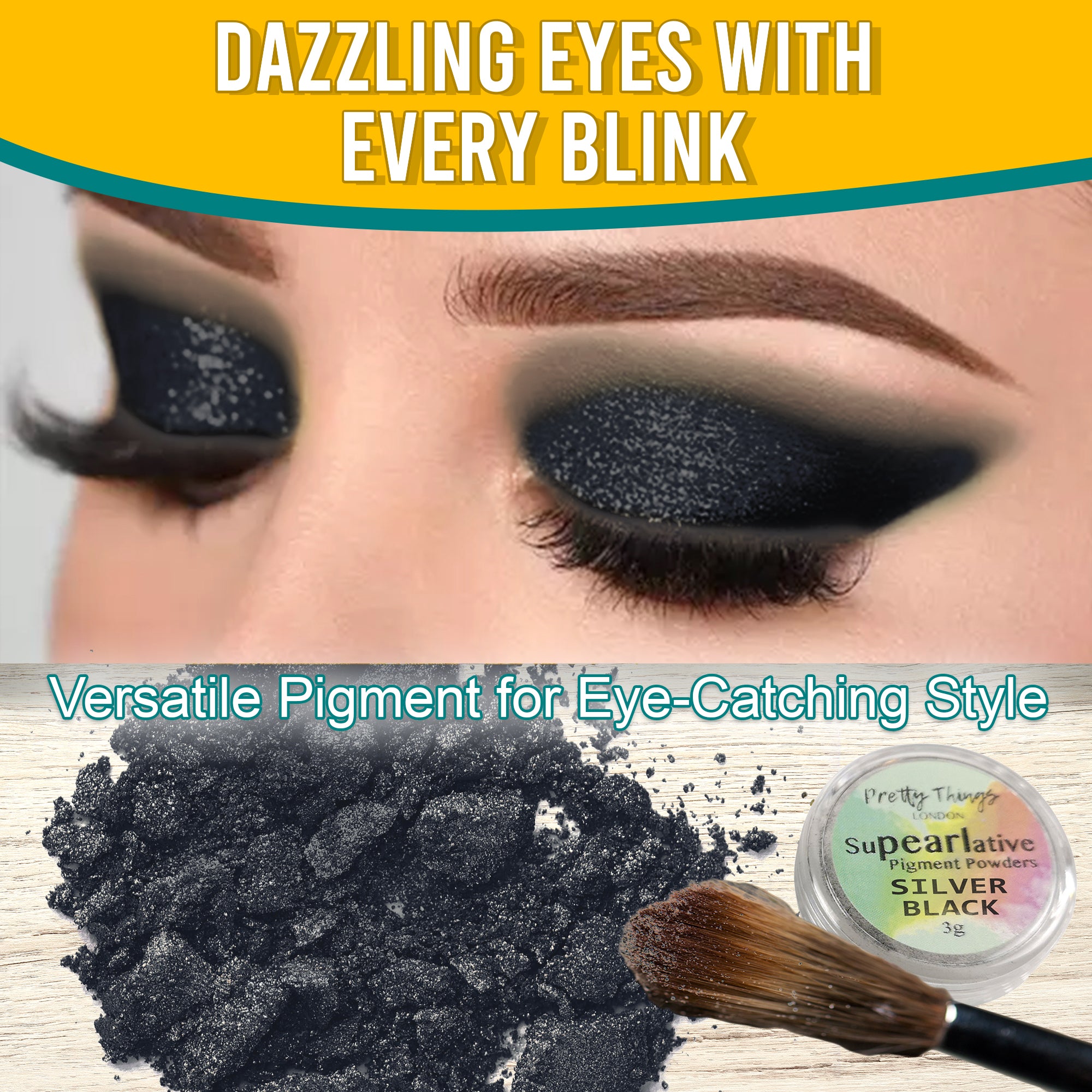 Model with dazzling Silver Black eyeshadow, demonstrating the pigment's eye-catching style. Below, a brush and a container of Silver Black pigment powder highlight its versatile use.