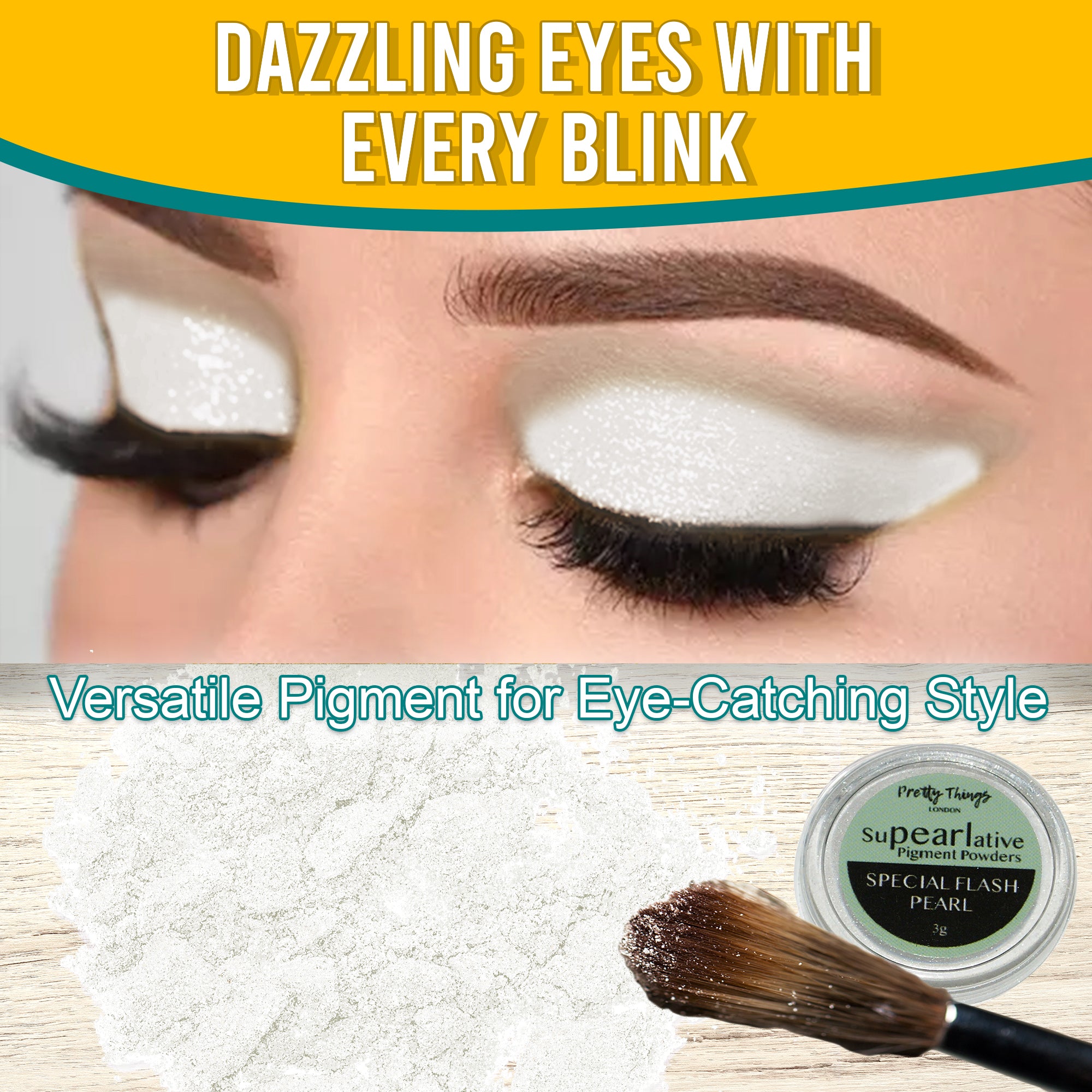 Model with dazzling Special Flash Pearl eyeshadow, demonstrating the pigment's eye-catching style. Below, a brush and a container of Special Flash Pearl pigment powder highlight its versatile use.