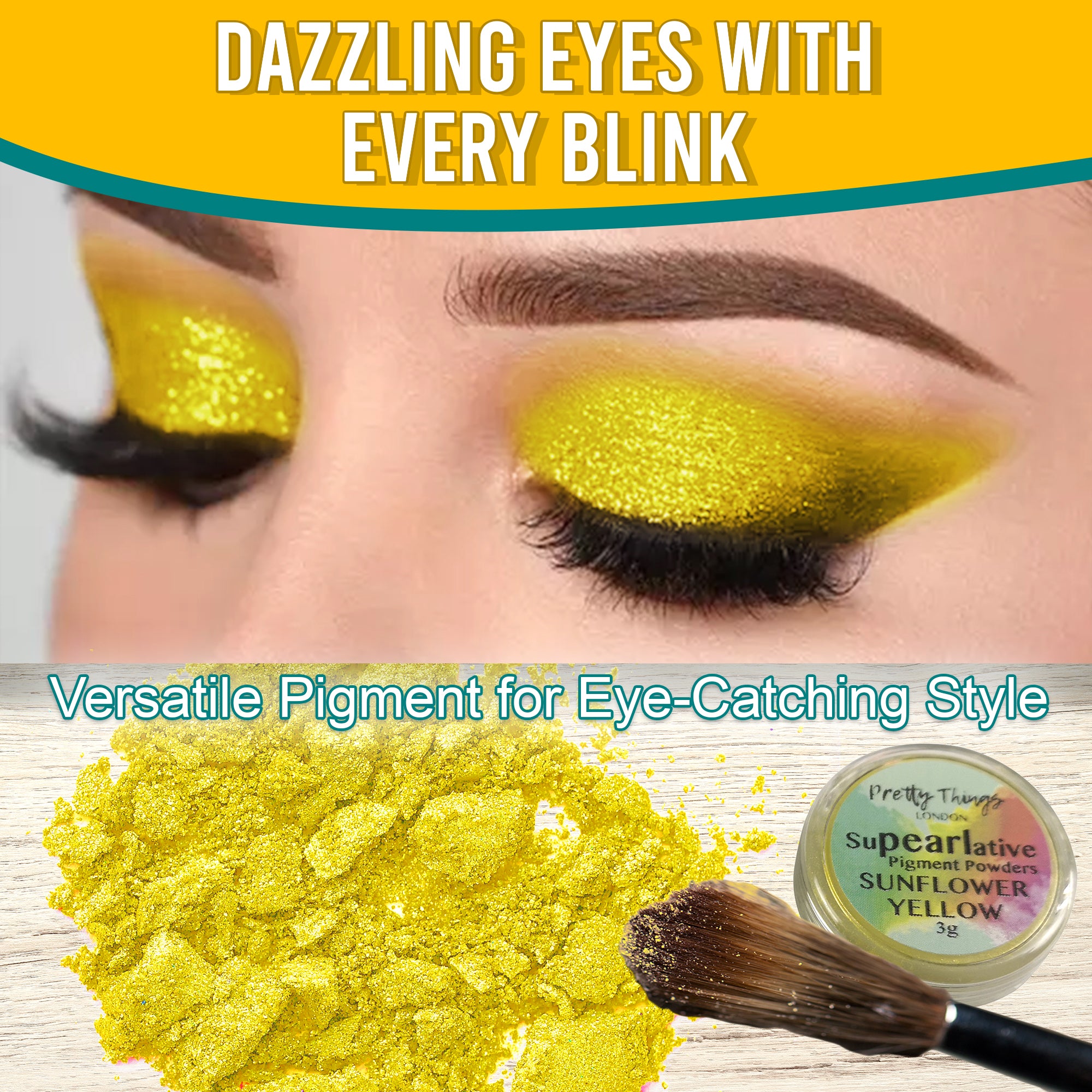 Model with dazzling Sunflower Yellow eyeshadow, demonstrating the pigment's eye-catching style. Below, a brush and a container of Sunflower Yellow pigment powder highlight its versatile use.