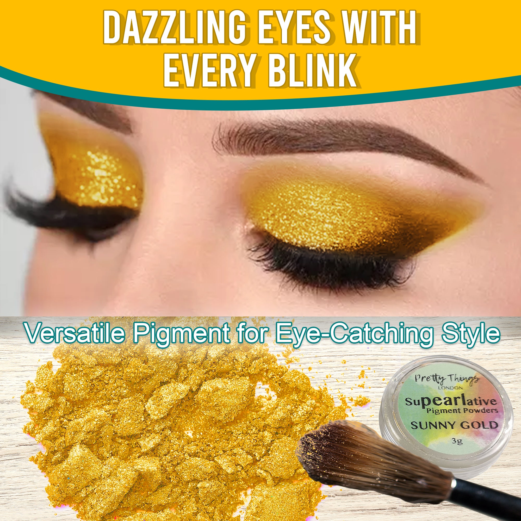 Model with dazzling Sunny Gold eyeshadow, demonstrating the pigment's eye-catching style. Below, a brush and a container of Sunny Gold pigment powder highlight its versatile use.