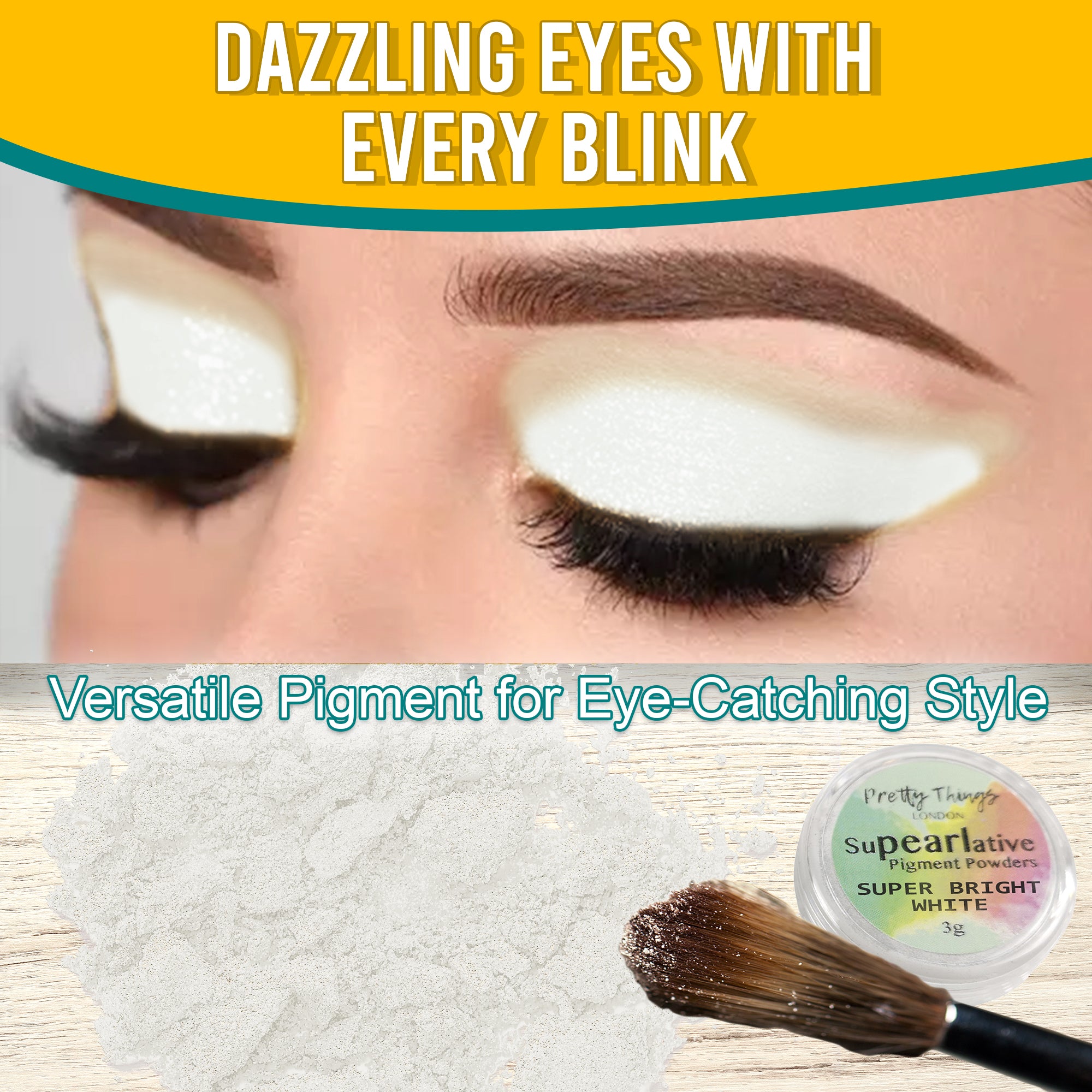 Model with dazzling Super Bright White eyeshadow, demonstrating the pigment's eye-catching style. Below, a brush and a container of Super Bright White pigment powder highlight its versatile use.