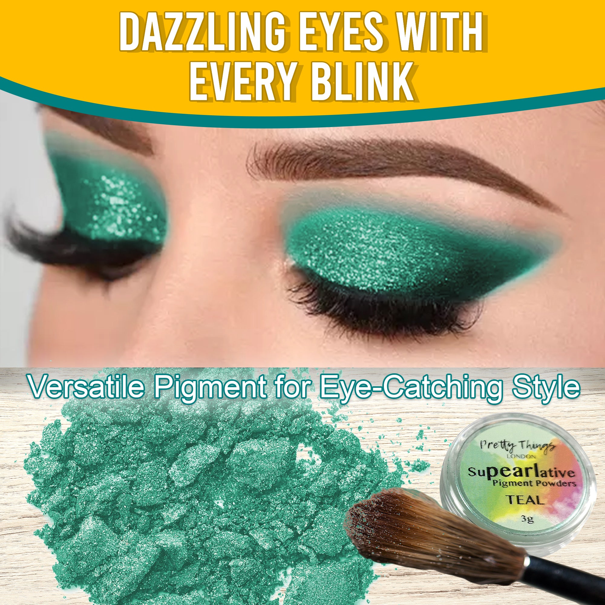 Model with dazzling Teal eyeshadow, demonstrating the pigment's eye-catching style. Below, a brush and a container of Teal pigment powder highlight its versatile use.