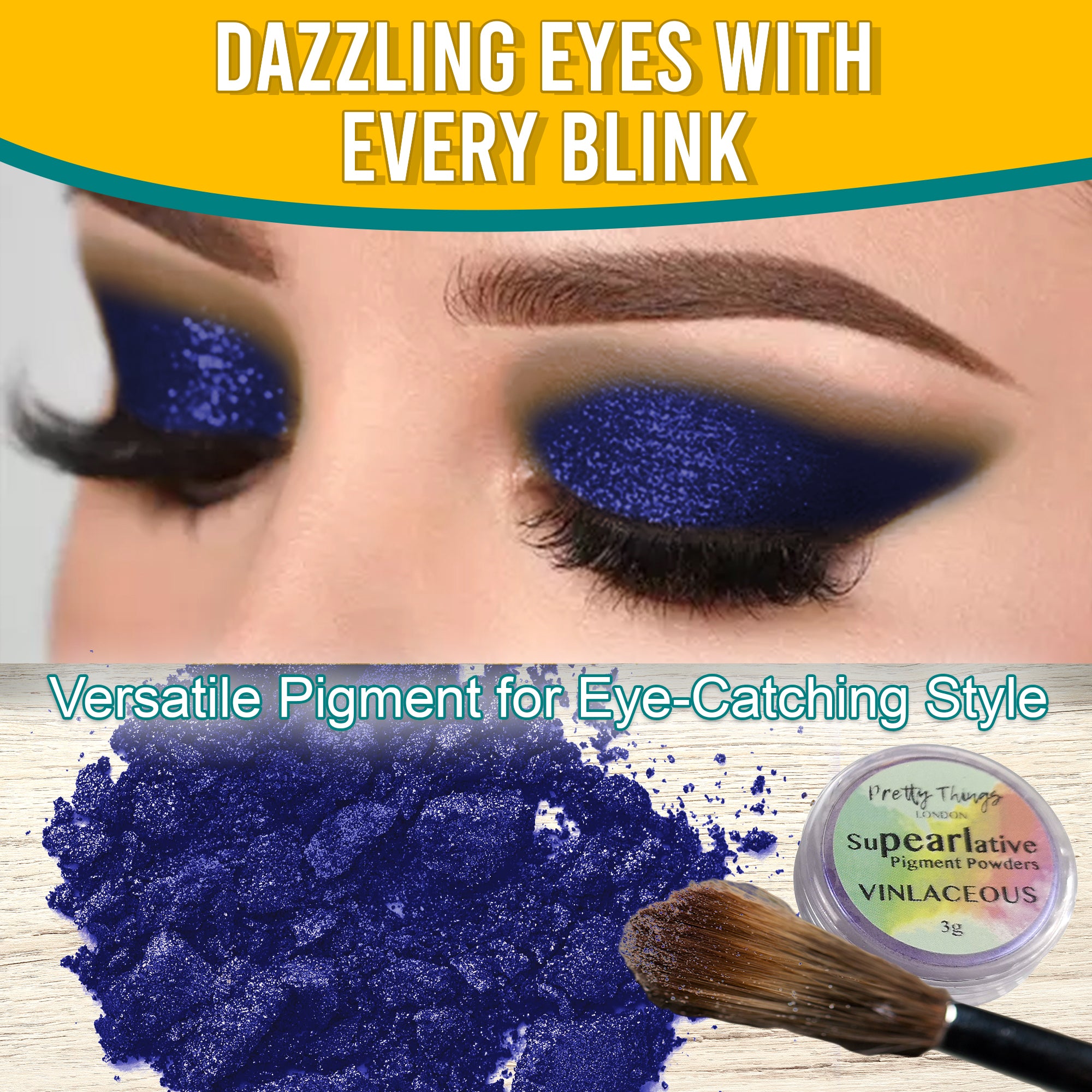 Model with dazzling Vinlaceous eyeshadow, demonstrating the pigment's eye-catching style. Below, a brush and a container of Vinlaceous pigment powder highlight its versatile use.