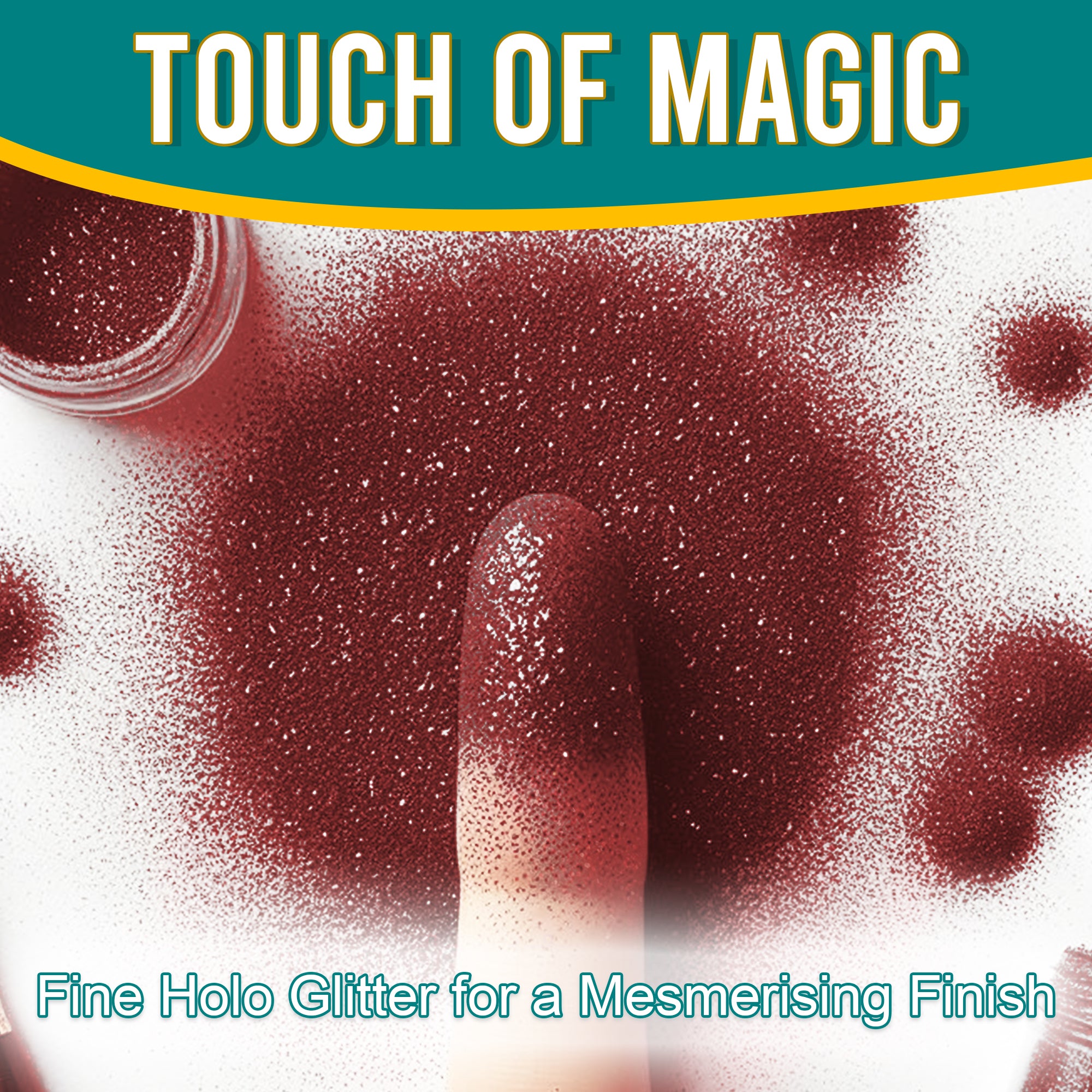 3.	Finger dipped in Fine Holographic Glitter in Wine Red for a mesmerizing finish