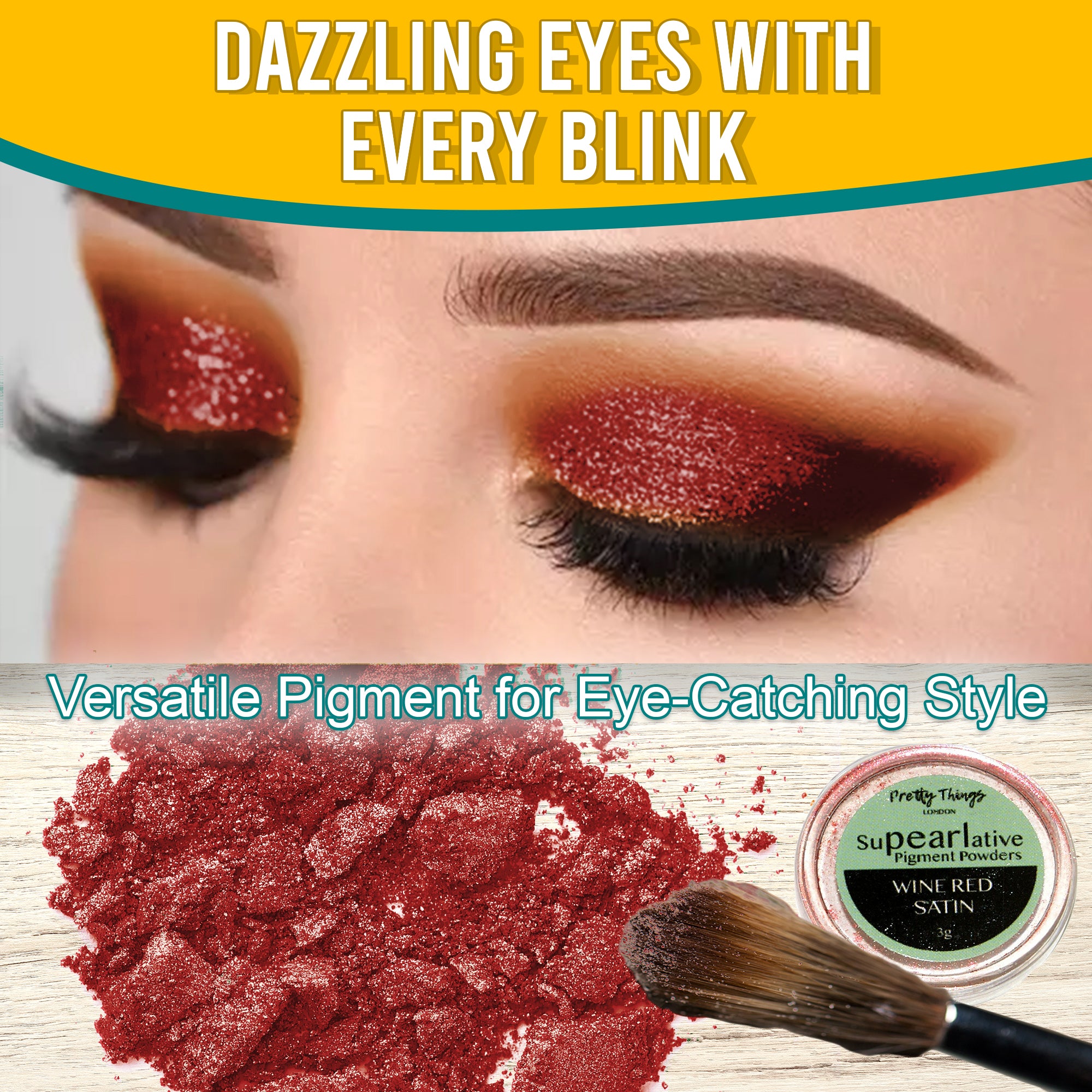 Model with dazzling Wine Red Satin eyeshadow, demonstrating the pigment's eye-catching style. Below, a brush and a container of Wine Red Satin pigment powder highlight its versatile use.