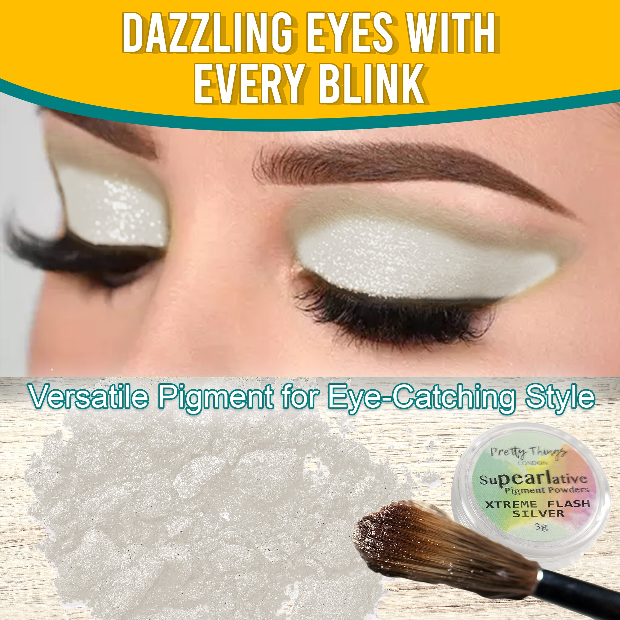 Model with dazzling Xtreme Flash Silver eyeshadow, demonstrating the pigment's eye-catching style. Below, a brush and a container of Xtreme Flash Silver pigment powder highlight its versatile use.