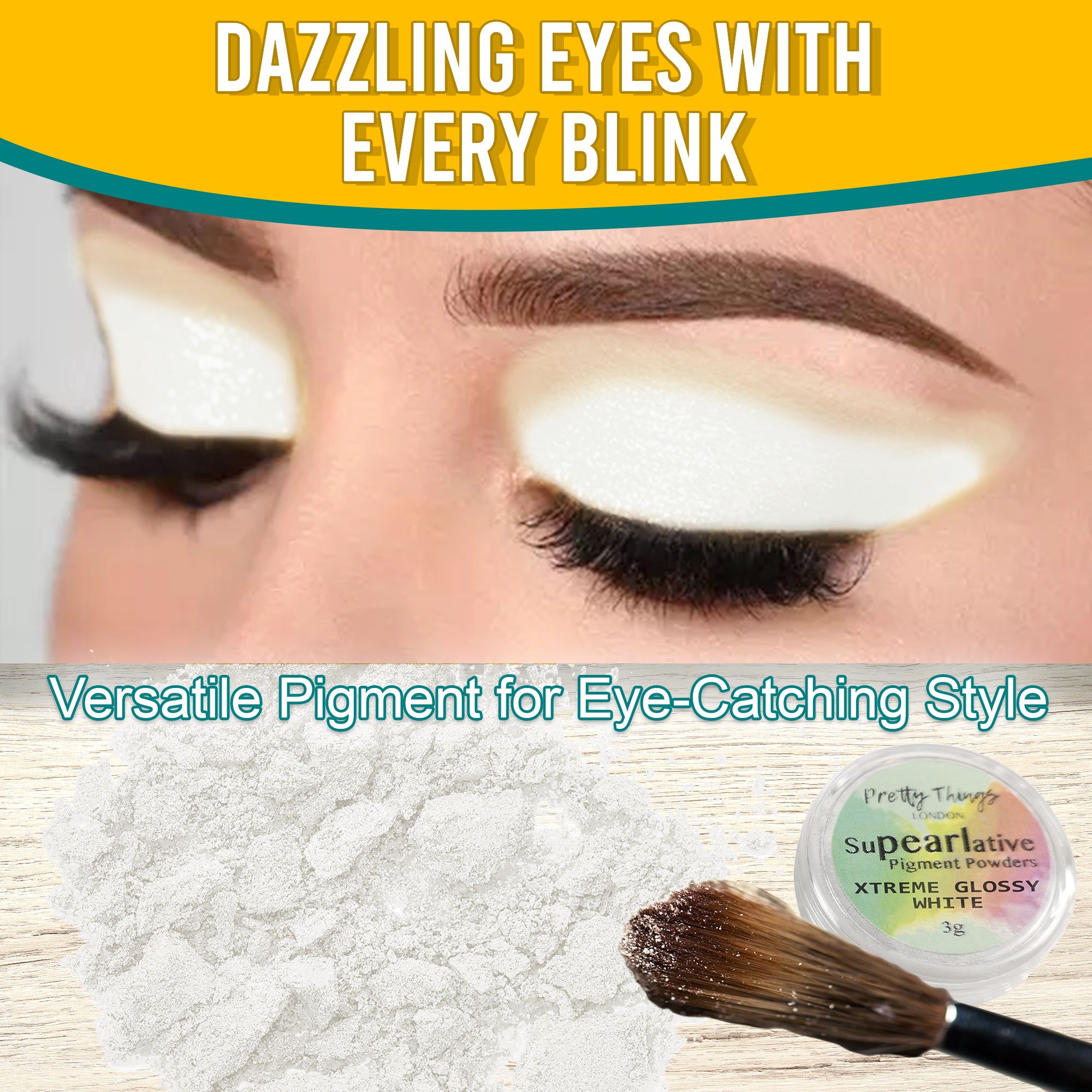 Model with dazzling Xtreme Glossy White eyeshadow, demonstrating the pigment's eye-catching style. Below, a brush and a container of Xtreme Glossy White pigment powder highlight its versatile use.