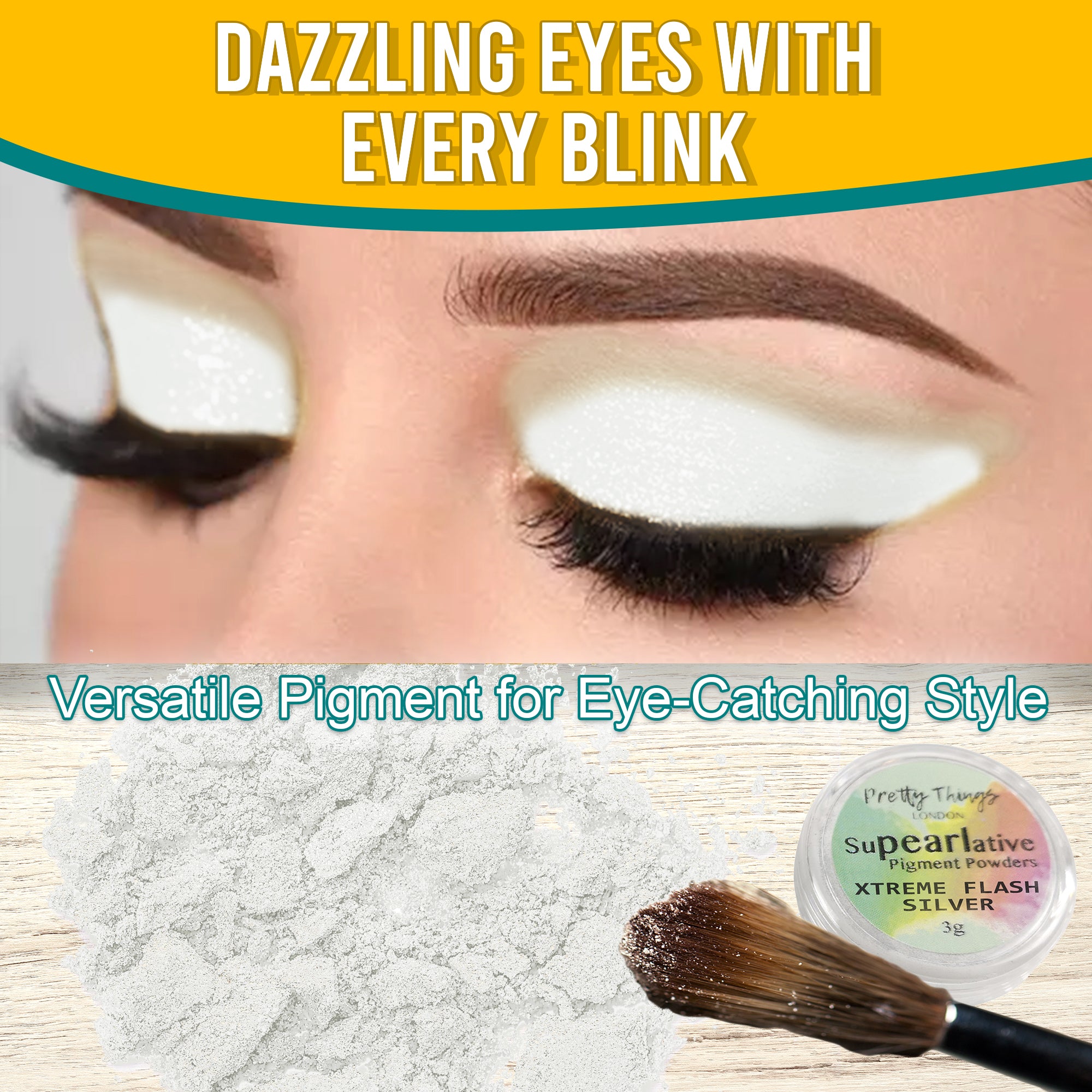 Model with dazzling Xtreme Luster White eyeshadow, demonstrating the pigment's eye-catching style. Below, a brush and a container of Xtreme Luster White pigment powder highlight its versatile use.