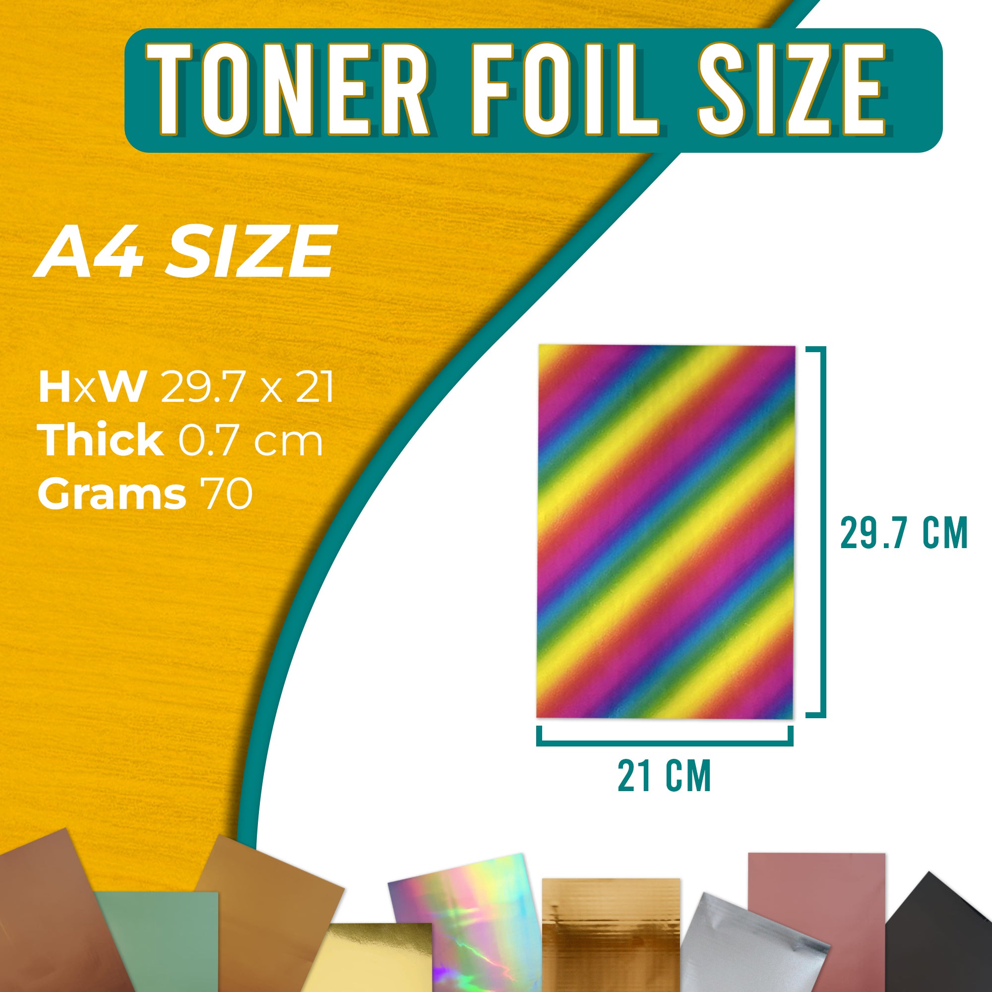 A4 size toner foil sheet in gold, with a fan of various coloured sheets in the background. Text indicates the sheet dimensions as A4 in size.