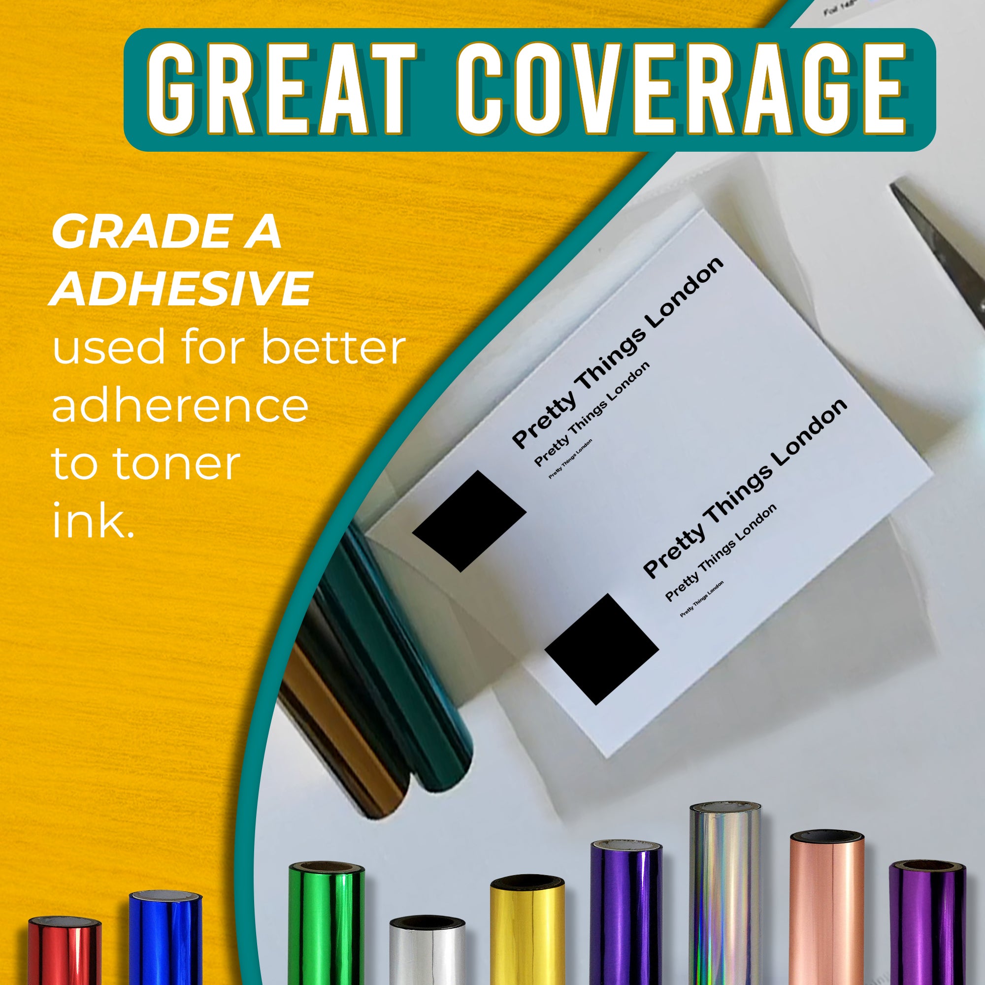 Graphic highlighting the excellent coverage of black toner foil using Grade A adhesive for optimal adherence to toner ink. Includes an image of a business card with bold black foil accents.