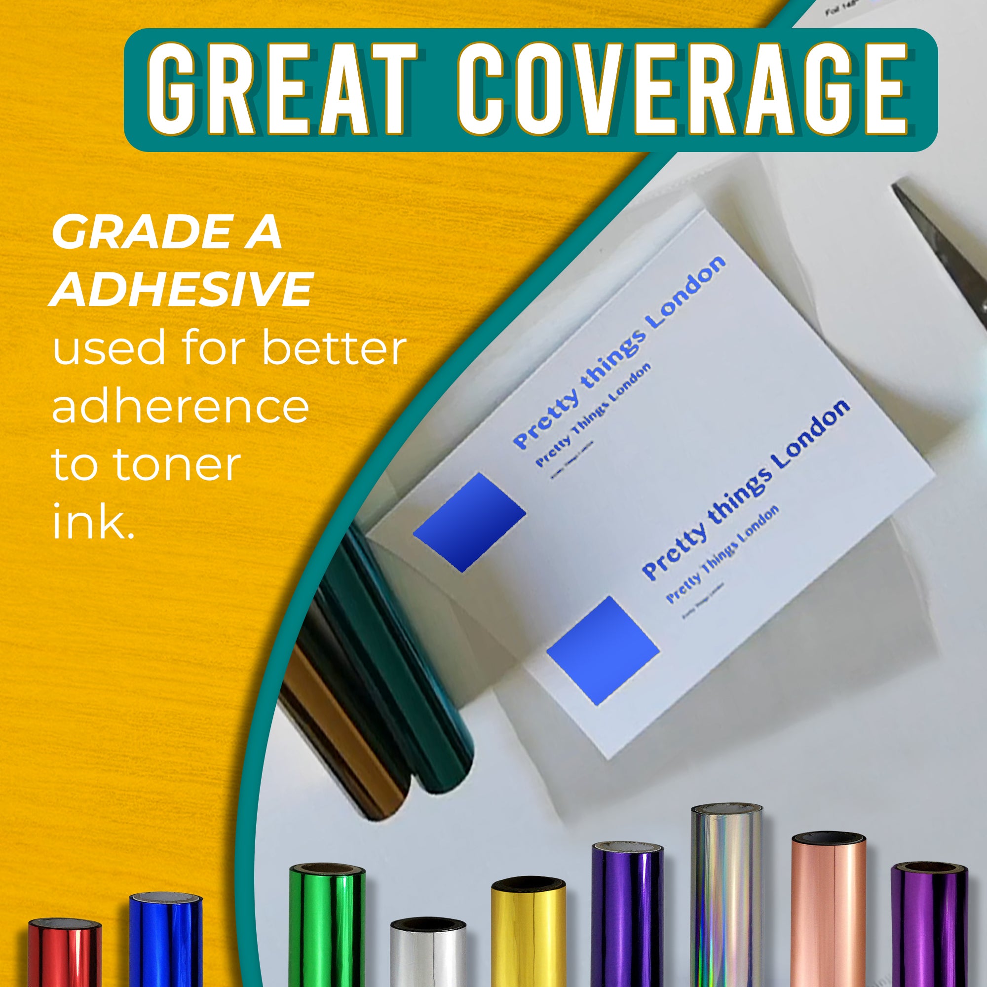 Graphic highlighting the excellent coverage of blue toner foil using Grade A adhesive for strong adherence to toner ink. Includes an image of a business card with vivid blue foil accents.