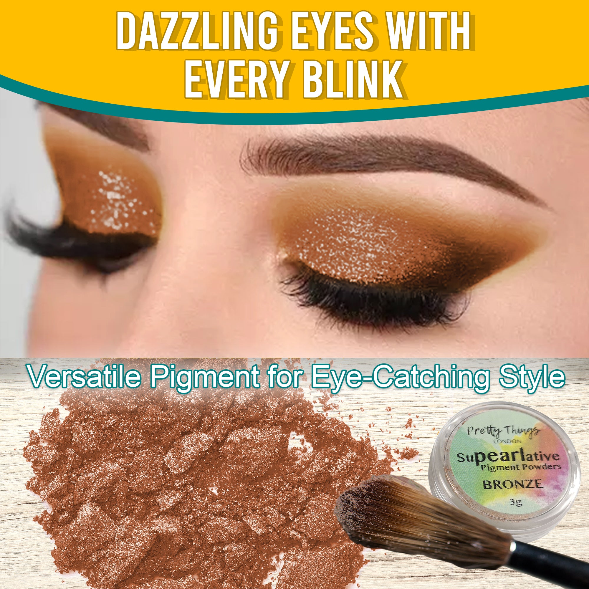 Model with dazzling Bronze eyeshadow, demonstrating the pigment's eye-catching style. Below, a brush and a container of Bronze pigment powder highlight its versatile use.